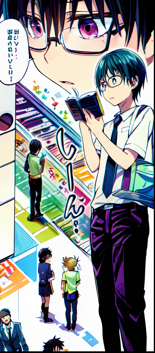 a anime of a boys manga, geek character, glasses, school uniform, color manga, manga color, color manga, color manga panel, simple background
