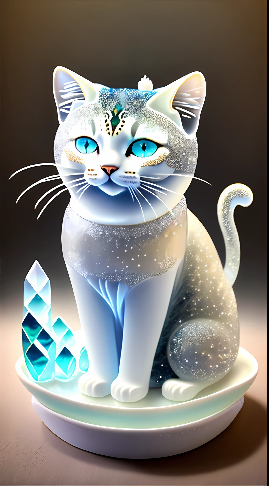 "The mid-career multiverse" Highly detailed cat carving "Southern Ice Cat" porcelain, Partially glazed, firewood, Art gallery，catss，laughingly，glittery，transparent crystal
