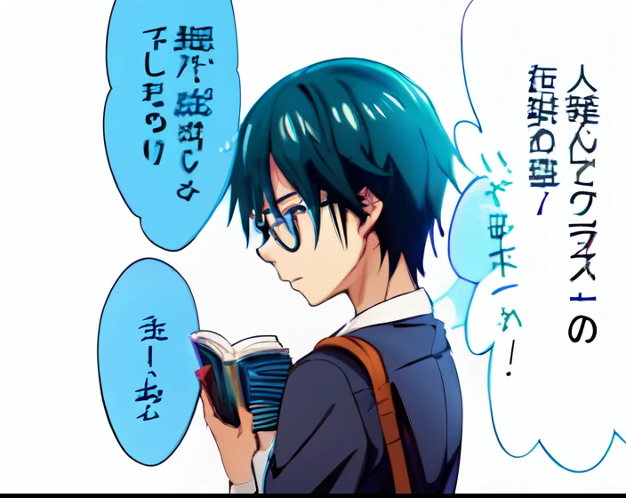 a anime of a boys manga, from side view, side view, geek character, reading book, glasses, school uniform, bag, text speech manga, color manga, manga color, color manga, color manga panel, simple background