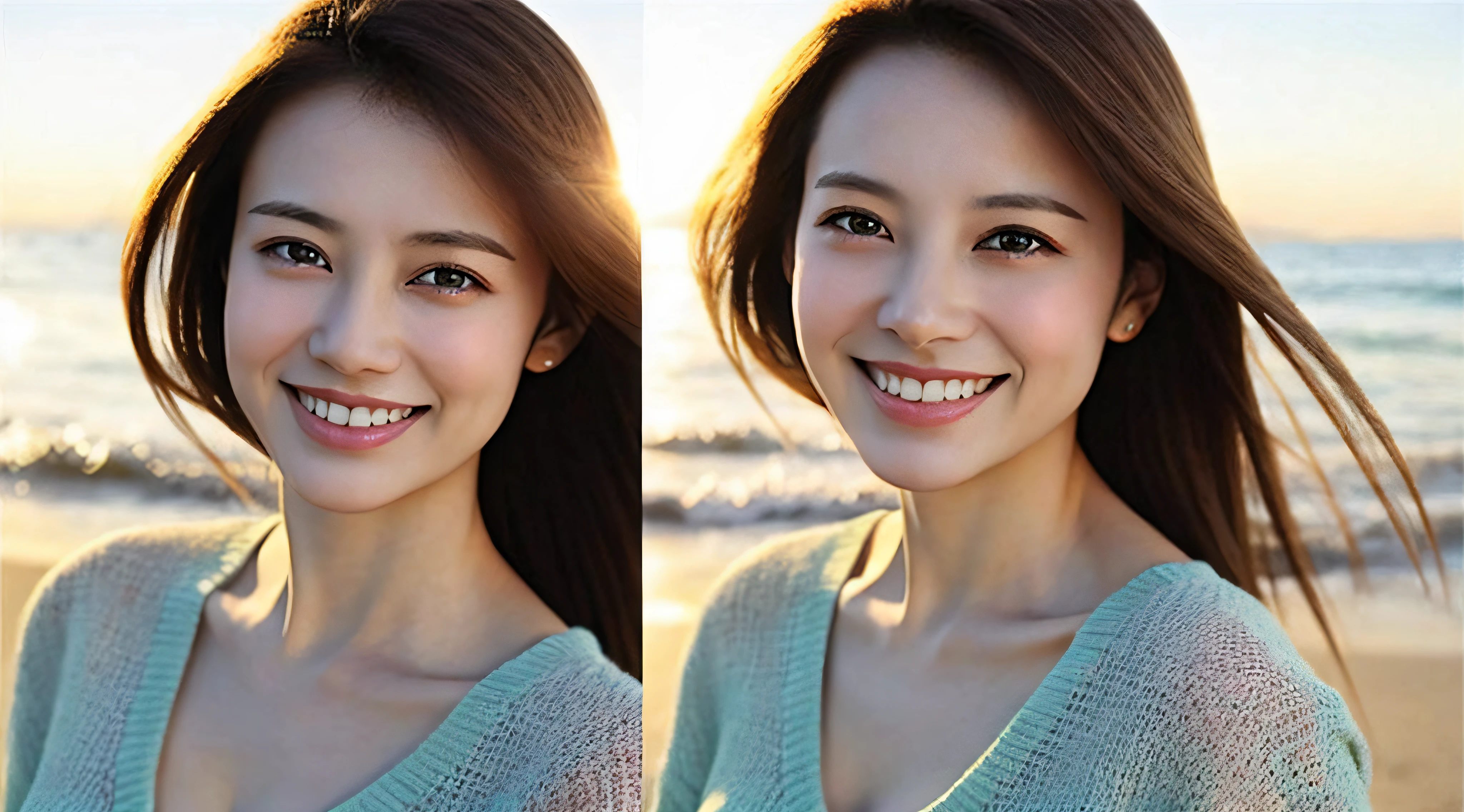 (top-quality、tmasterpiece:1.2)、1girl,ultra - detailed、(photographrealistic:1.4)、40 years old, Mature young woman、light smile、Full body photo,beachside_Background、busty figure, perfect eyes, Perfect iris,perfect lips,perfect teeth,Perfect skin,Soft front light,with light glowing, natural soft light,(pastel colour:1.2)