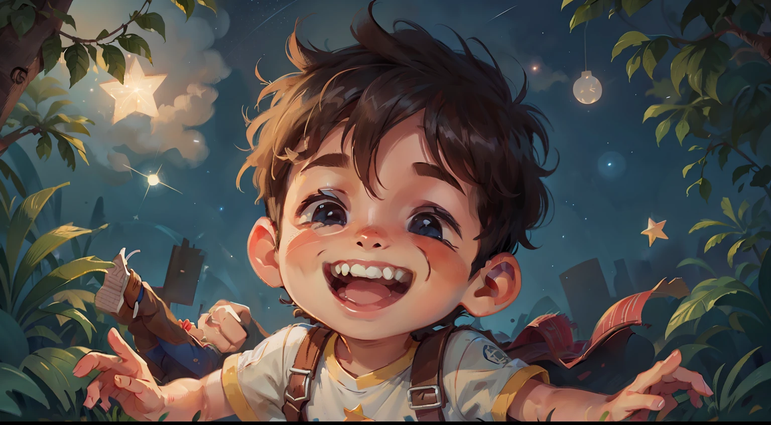 younge boy,Laughing happily,Stars in the sky