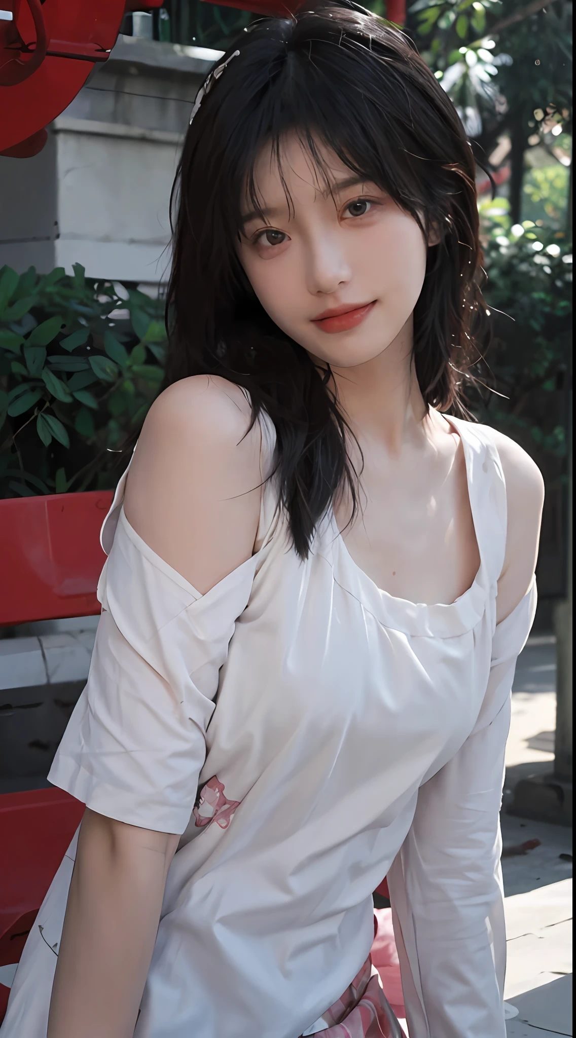 best qualtiy, 超高分辨率, (realisticlying:1.4), Baoyu Girl, Black long straight,A pair of clear and moving peach blossom eyes,Royal Sister,校服,sunshine on face,Scroll,(School playground:1.4),(choker necklace:1.2),(Fair skin:1.9),(full bodyesbian:1.2)a sense of atmosphere,a beauty girl, ssmile,head straight-looking at viewer, closeup cleavage ,(Photorealistic:1.4),1girll,Sexy,(Upper body:1.4),(Wet body),(:1.2)