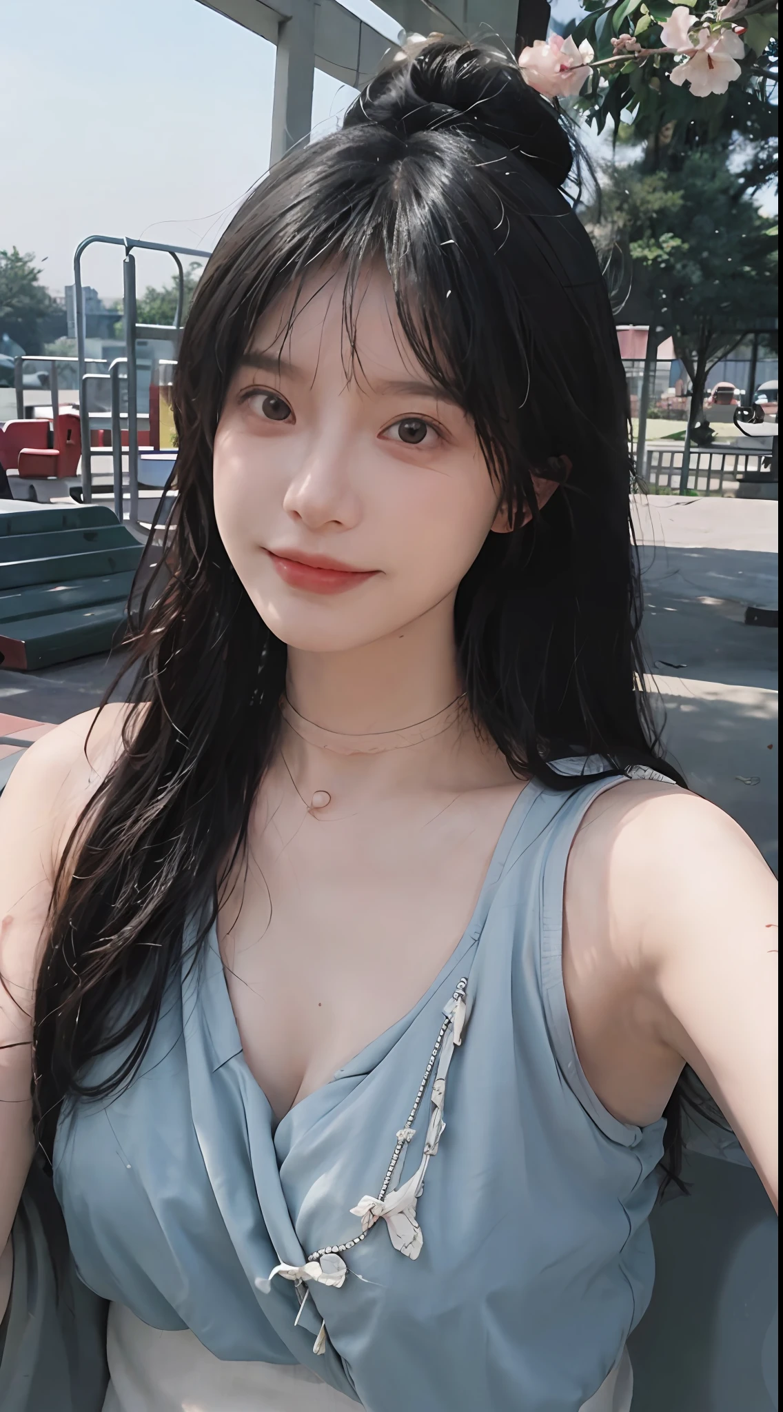 best qualtiy, 超高分辨率, (realisticlying:1.4), Baoyu Girl, Black long straight,A pair of clear and moving peach blossom eyes,Royal Sister,校服,sunshine on face,Scroll,(School playground:1.4),(choker necklace:1.2),(Fair skin:1.9),(full bodyesbian:1.2)a sense of atmosphere,a beauty girl, ssmile,head straight-looking at viewer, closeup cleavage ,(Photorealistic:1.4),1girll,Sexy,(Upper body:1.4),(Wet body),(:1.2)