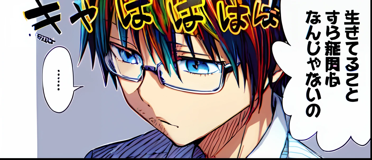 a anime of a boys manga, geek character, glasses, daydream, white shirt, color manga, manga color, color manga, color manga panel, simple background