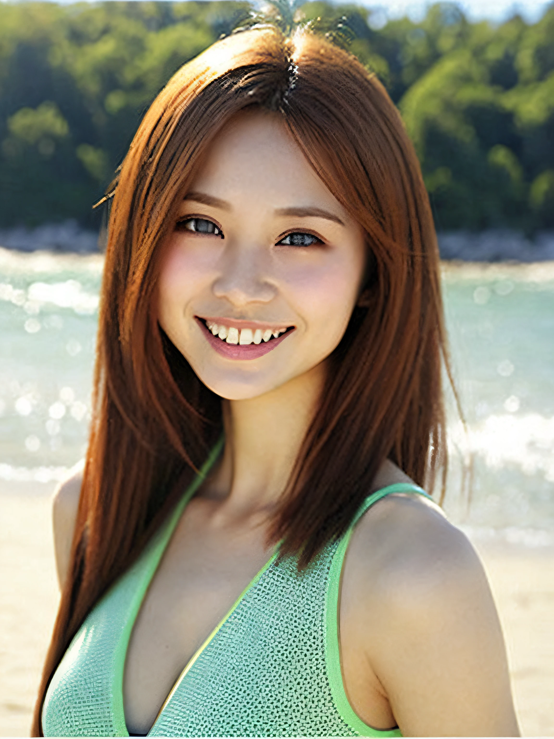 (top-quality、tmasterpiece:1.2)、ultra - detailed、(photographrealistic:1.4)、独奏、Mature young woman、light  smile、swim wears、Full body photo，beachside_Background、huge tit， 40 years old, perfect  eyes, Perfect iris，perfect lips，perfect teeth，Perfect skin，Soft front light，with light glowing， natural soft light，（pastel colour：1.2）