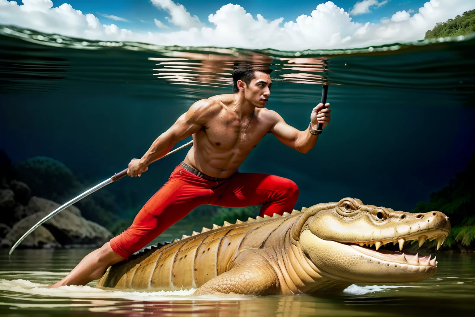 There was a man with a spear wearing red pants holding a spear fighting a very large giant crocodile in the water......, Stunning action photography, crocodile god lair, Crocodile Loki, Creative Image Management, Photo management, crocodile. shaman., by Rudy Siswanto, by Aleksander Gierymski, As a reptile warrior, Atlantic Ocean., Photoshop Water Management, By Ignacio Zuloaga, Amazing shots......