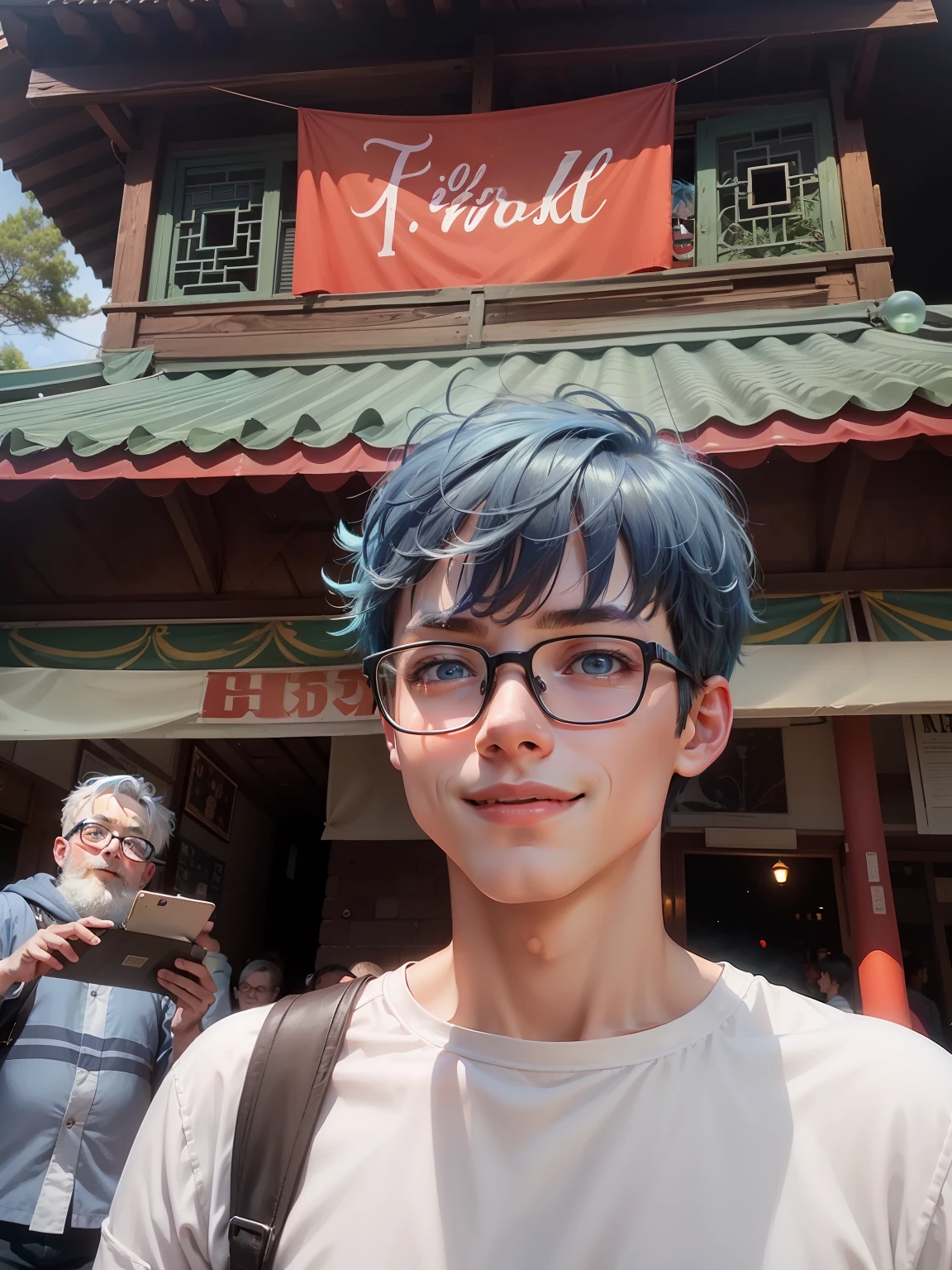 A boy，zoo，Many balloons,cheerfulness，rejoice，Perfect quality，blue hairs，Red clothes，Fine-rimmed glasses， （tmasterpiece：1.2） （realisticlying：1.2） （bokeh） （best qualtiy） （detailedskin：1.3） （complexdetails） （8K） （detailedeyes） （Sharp focus）,（having fun）