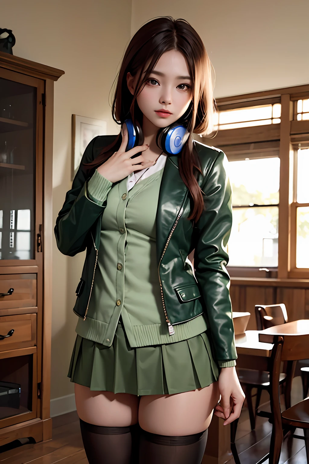 masterpiece, best quality, highres, nm1, headphones around neck, long sleeves, pantyhose, naked, cowboy shot, standing, stocking, green jacket, short skirt, only wearing jacket, close jacket, sexy
