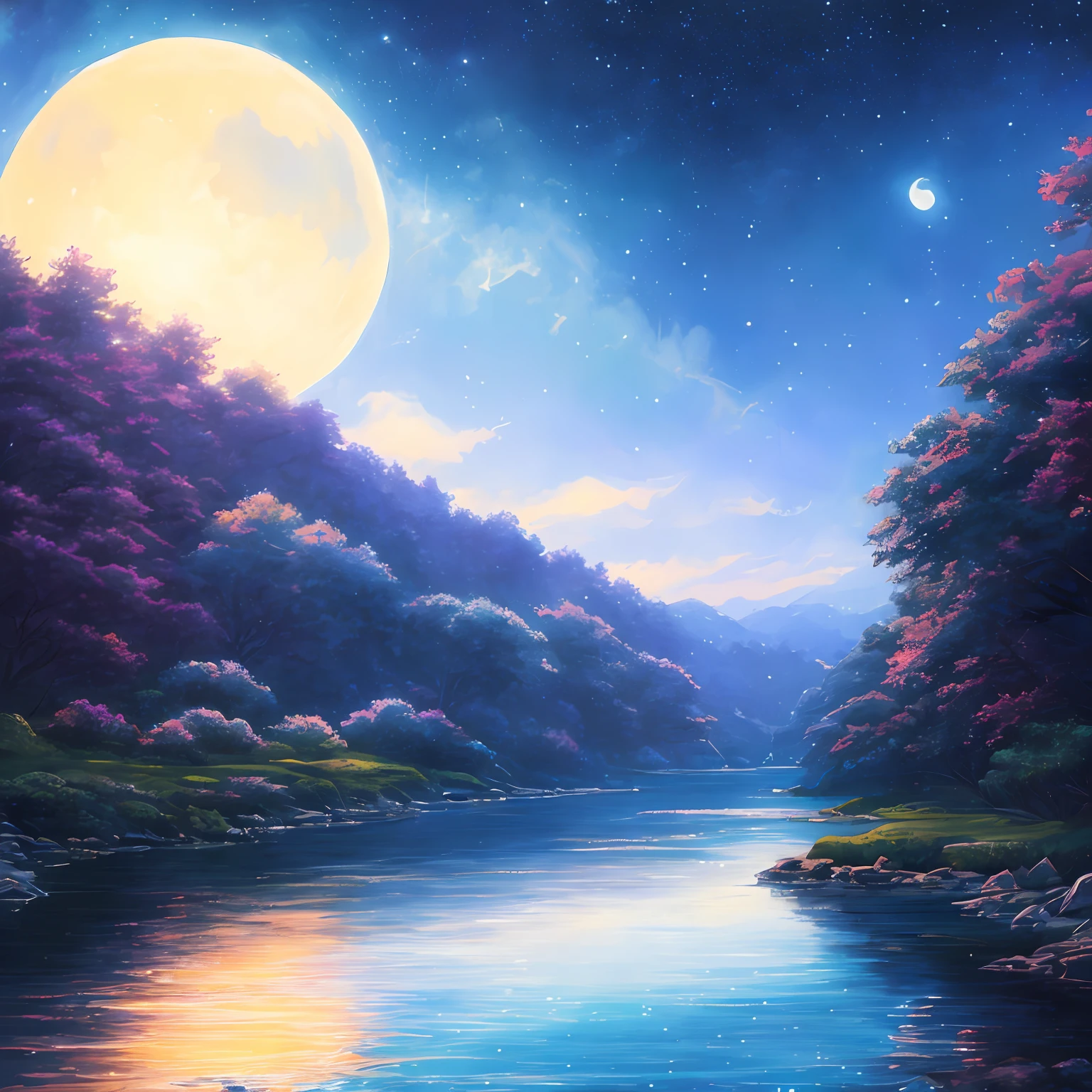 A painting of a river with stars and moon in the sky, concept art inspired by Tosa Mitsuoki, pixiv contest winner, best quality, fantasy art, beautiful anime scene, a bright moon, moonlit starry environment, dream painting, Anime Background Art, Fantasy Landscape Art, Fantasy Night, Anime Background, Background Artwork, Fantastic Art, Atmospheric Anime, Starry Sky, Detail Enhanced.