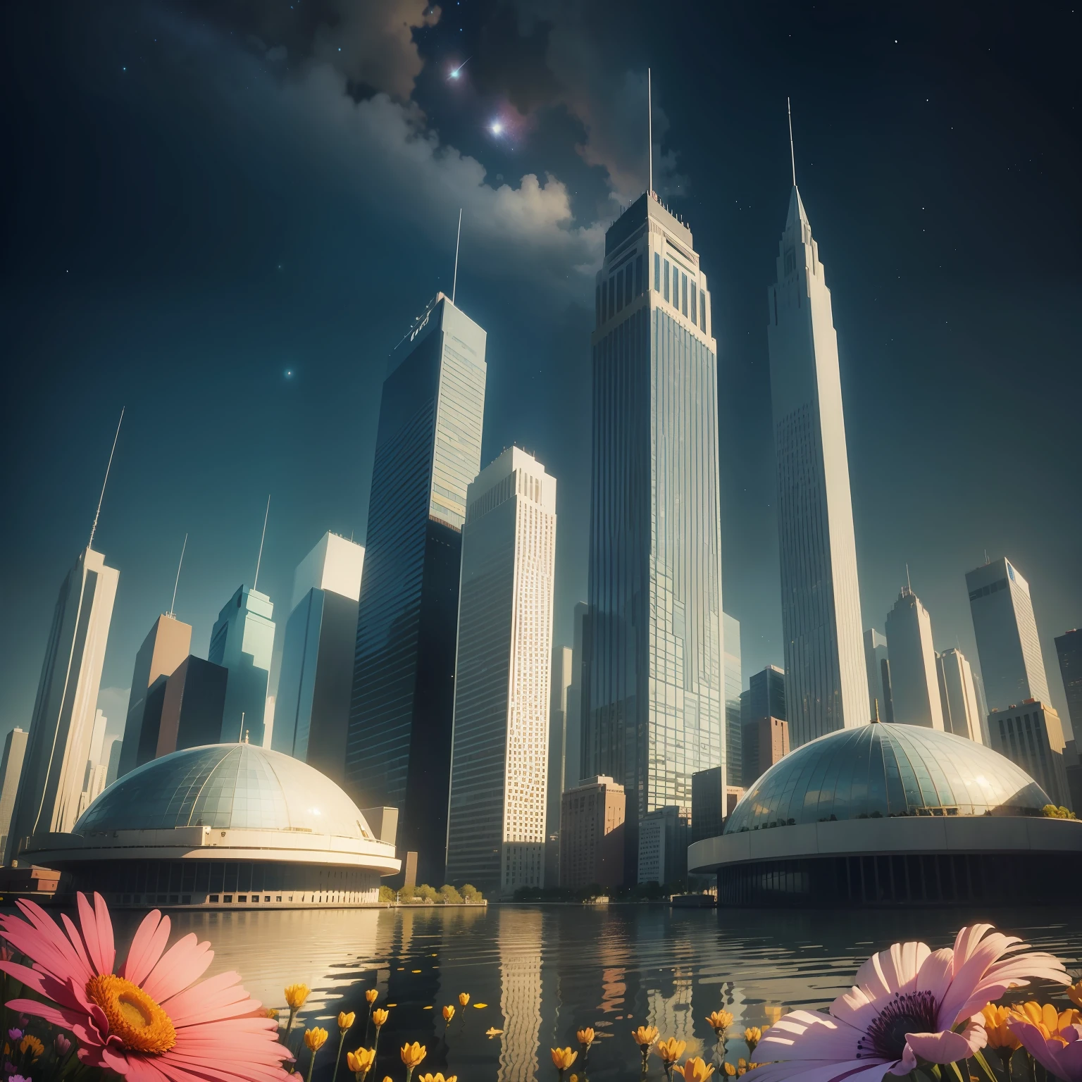City buildings float above a sea of flowers,The stars are in the sky