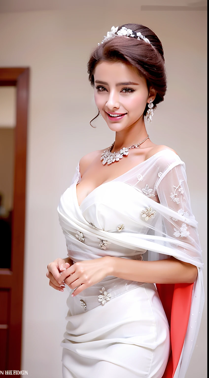 Fashion model 18 years old [[[[closeup cleavage]]]], [[[[boobgasm]]]], [[[[coll]]]], [[[[bshoulders]]]], perfect  eyes, Perfect iris，Perfect lips，perfect teeth，Perfect skin，Long face，Soft front light，hdr，Movie girl，long whitr hair，Long hair with a shawl，evening formal robes，The background is indoors，（pastel colour：1.2）