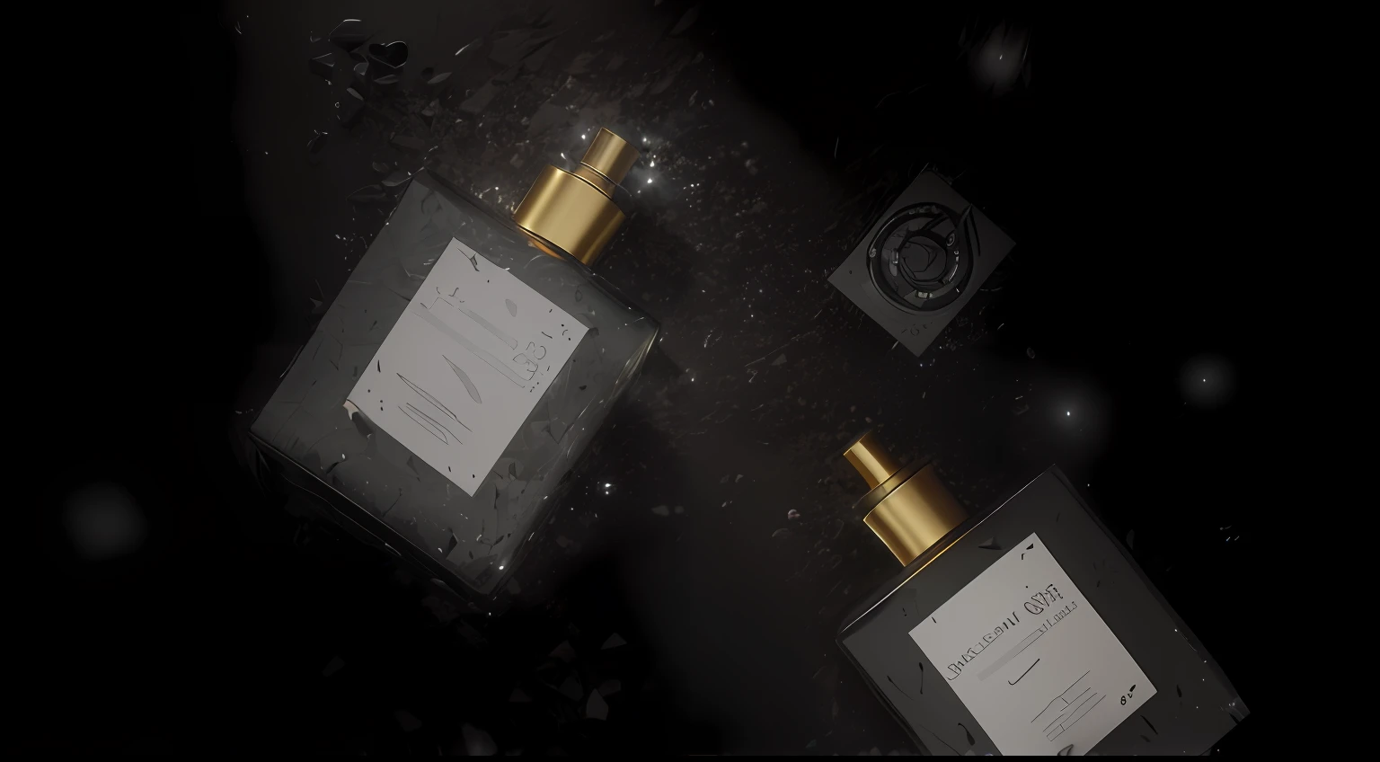 On the black surface sits two bottles of perfume, Product rendering, 3 d product render, dark-toned product photos, high quality 3d render, high quality 3 d render, dramatic product photography, product design render, in style of 3d render, very realistic 3 d render, dramatic product lighting, Realistc octane render, substance designer metal,the Extremely Detailed CG Unity 8K Wallpapers,(tmasterpiece),(best qualtiy),(ultra - detailed),(Ultra photo realsisim)