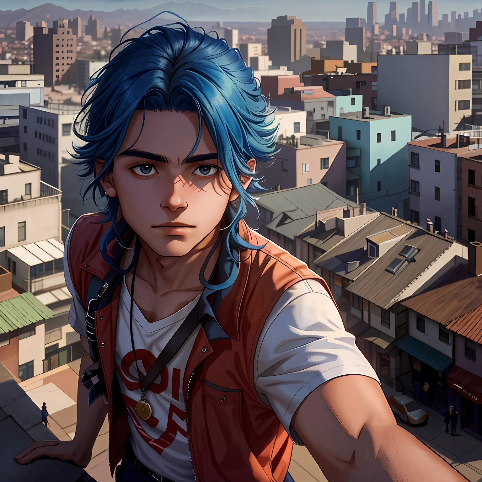 A 15-year-old boy with blue hair stands on the fifth floor on the roof of the high school looking at a city in the distance.............From above he looks at a city with his back to the viewer 15-year-old man has no shirt has a naked torso his hair is straight long Latin skin copper mestizo face, tiene traje tribal africano esta en el tejado de la secundaria mirando una cercana ciudad mira con miedo pensativo, (tercer plano cuerpo completo