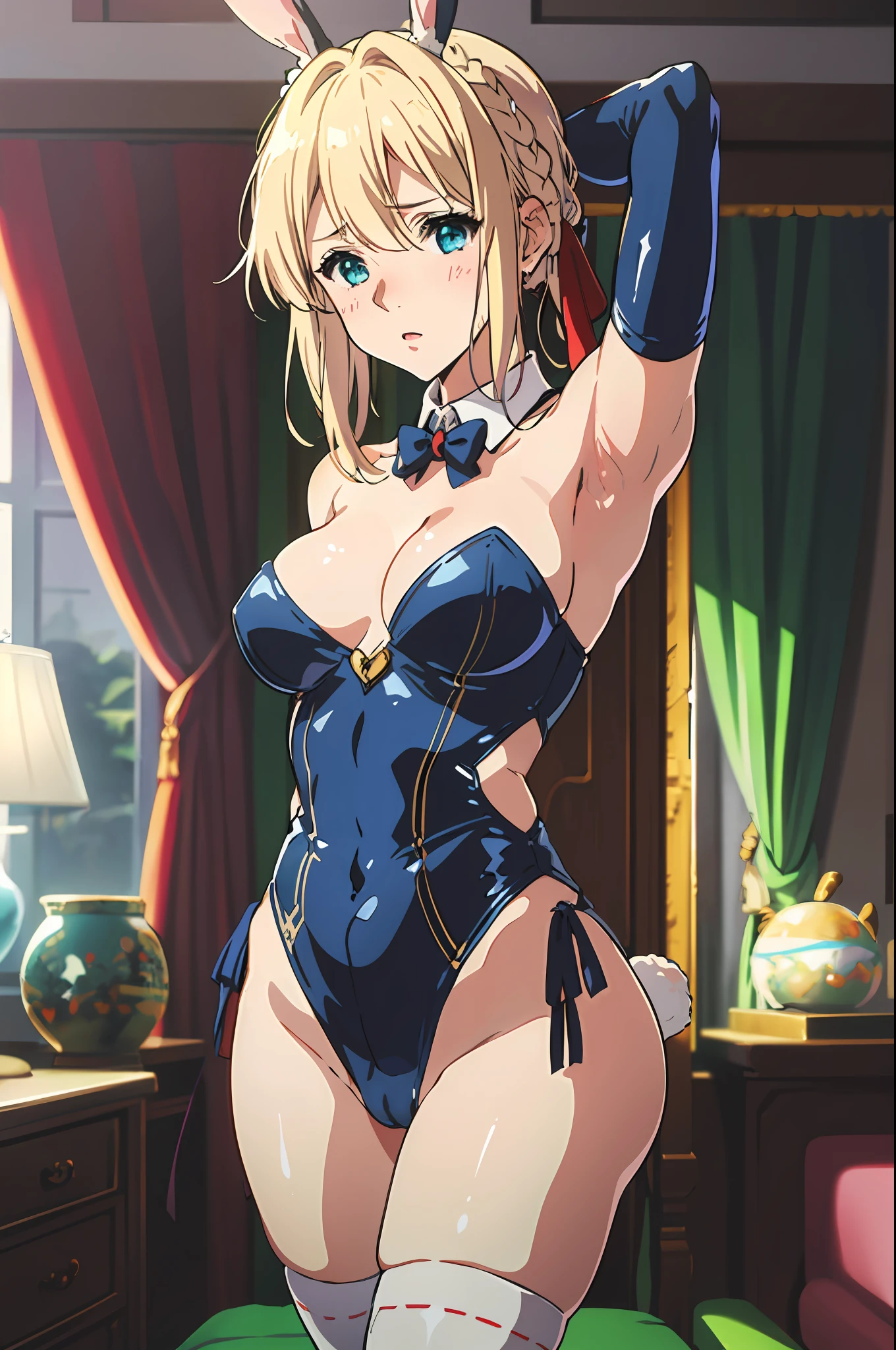 Violet evergarden, blonde, hair intakes, braid, red ribbon, blue playboy bunny, elbow gloves, ,standing,bunny ears, embarrassed, looking at viewer,  bedroom, short hair, armpits,cameltoe