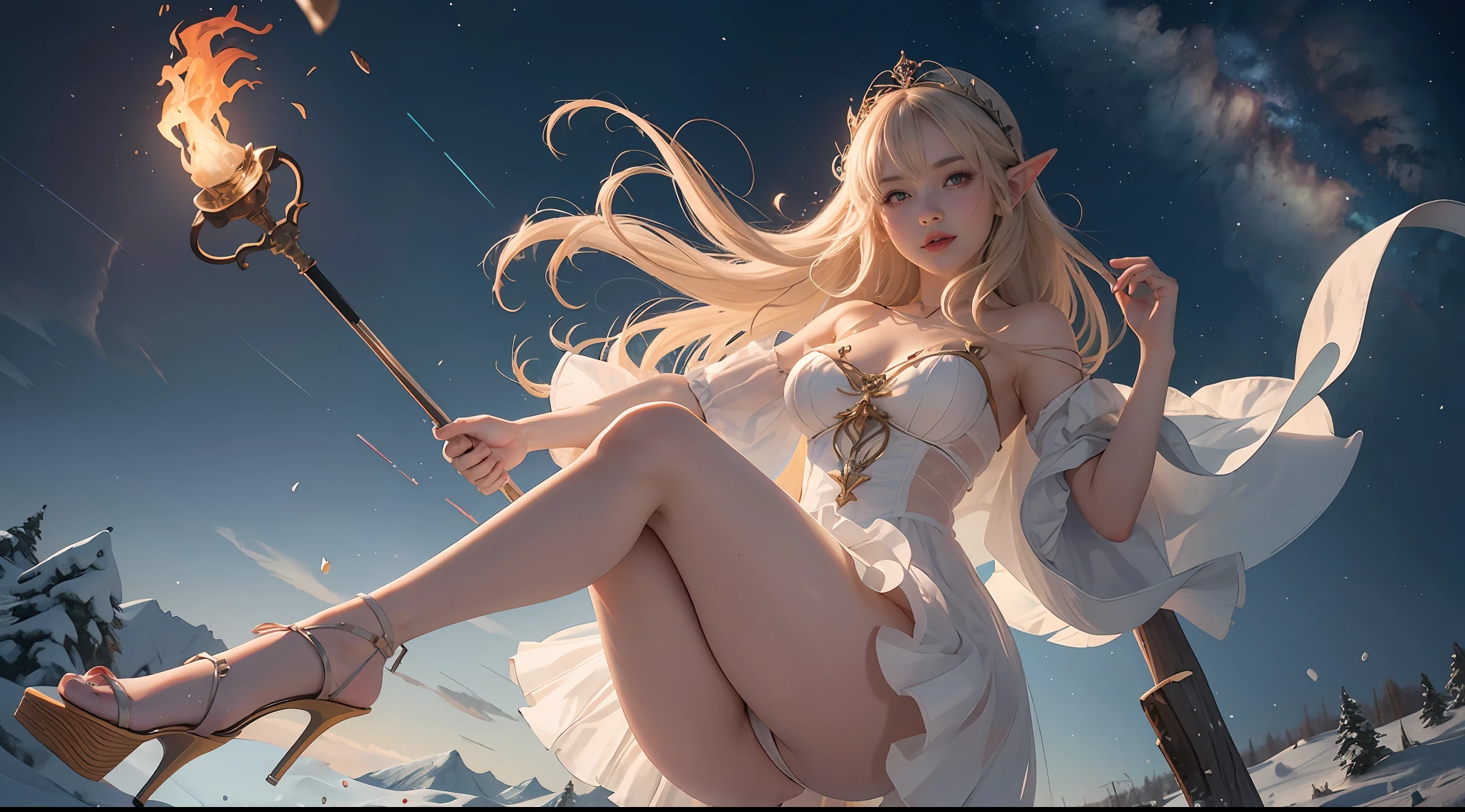 Stand up，Flame it up, Snow-white skin, Ruan cute vtuber, young and cute girl, trending at cgstation, full body shot of,teen elf girl, Big breasts 36D，nakeness，wearing high heels，Tight transparent clothing，torn laundry