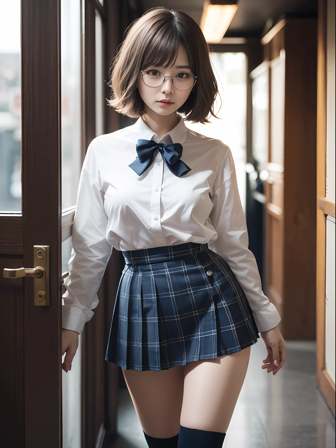 (8K、Raw photography、top-quality、masterpiece:1.2),absurderes,a small face,small tits,flat breast,Parting the bangs from the middle、Forehead visible,(Tight eyes,Bullish,skinny,Rasping,irate)、masterpiece,top-quality、超A high resolution,Raw photo,ren,Beautiful fece,One Person, 独奏,eye glass,,Dark look,Small breasts,fullllbody,Round glasses、cute little、A Japanese Lady,is standing,(Tight eyes,Bullish,skinny,Rasping,irate,small tits,flat breast)、(Photorealsitic:1.37)、Photon mapping,Light blue ribbon,Realistic、Cute little face,Brown-eyed、Black socks、(Red bow tie)、Radio City、Physically Based Rendering、Foreground、depth of fields、Blurry background、a picture,The girls、Body, Long legs, Thin leg,Semi-bob cut,(Bangs are visible), hair, s lips, Blue_The eye, nosesoft,White shirt, Navy blue and white plaid pleated skirt, Knees are visible,Sheer clothing,, Thigh, Black cotton socks,Nogizaka Idol, 女優, Japanese ido
