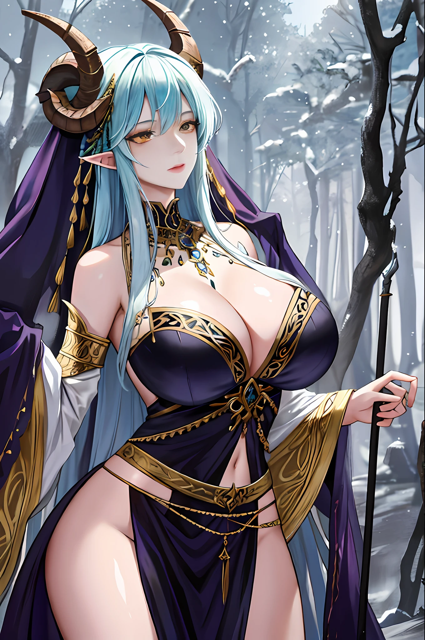 Full body like,Complicated details,(Latex skin:1.1)Big breasts and big breasts(Perfect shiny skin:1.2)Big breasts and big breasts(Moist skin:1.1),(very vey very detailed face),(tmasterpiece,realisticlying:1.3),(extremly intricate:1. 2)>,intricately details,(Sculptural skin texture:1.1)Big breasts and big breasts(shiny skins:1.2)Big breasts and big breasts(Slightly damp skin:1.1),A woman with a staff, horned ram goddess, gothic maiden shaman, shaman witch, she is dressed in shaman clothes, holding a goat head staff, a young female shaman, attractive tiefling druid, pagan goddess, a female druid, druid goddess, female revenant, alluring tiefling druid, The skull of her hips,The whole scene exudes a mysterious and eerie atmosphere。