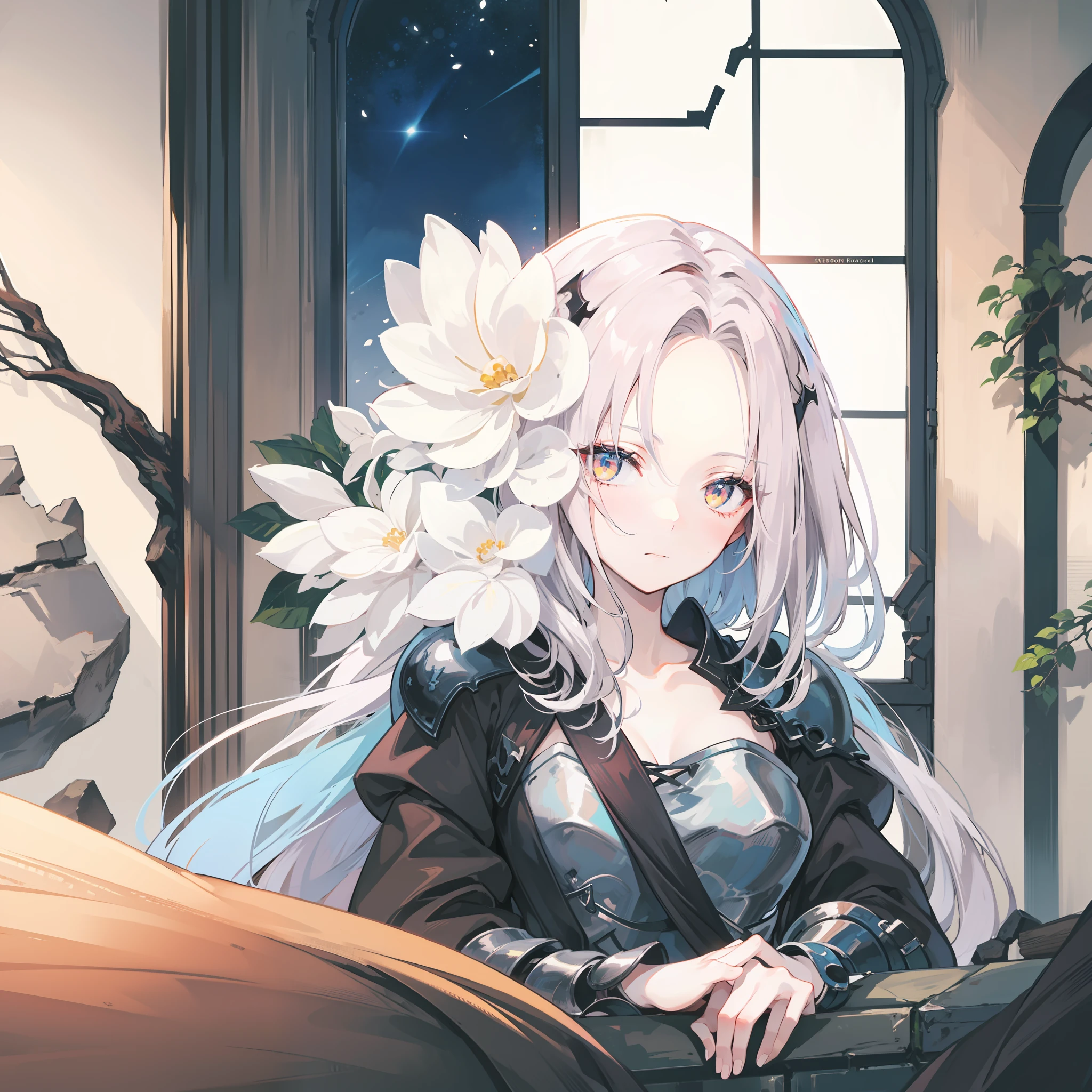 HighestQuali、intrincate detail、8K、4 k''、A high resolution、intrincate detail、Long-haired knight girl with blue hair、Upper body is shown、Stone ruins、fighting against an enemy、(Fantasy world)、Night、Dim、
