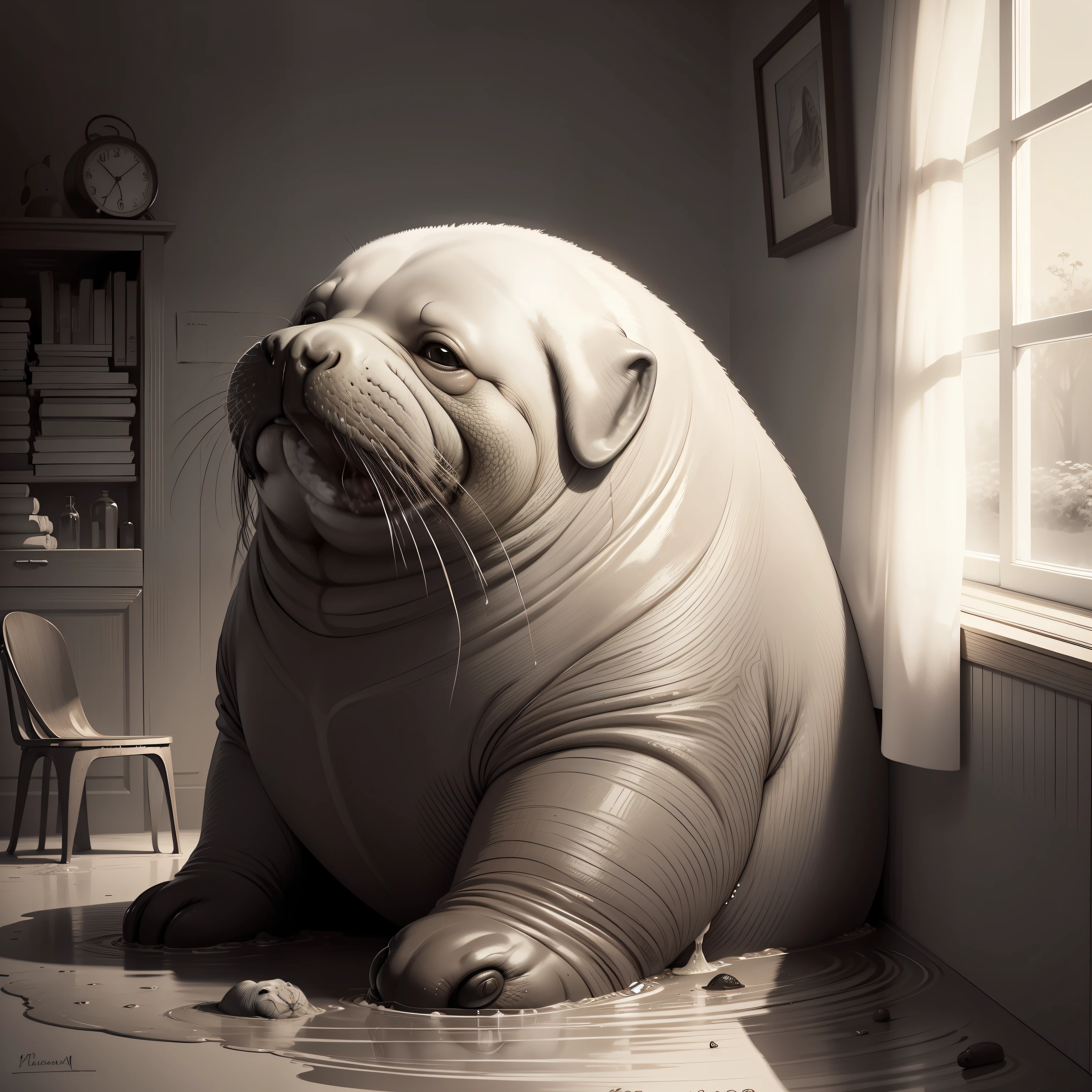 a sad walrus, in the mud, room, high resolution, fantasy drawing, pencil strokes, black and white