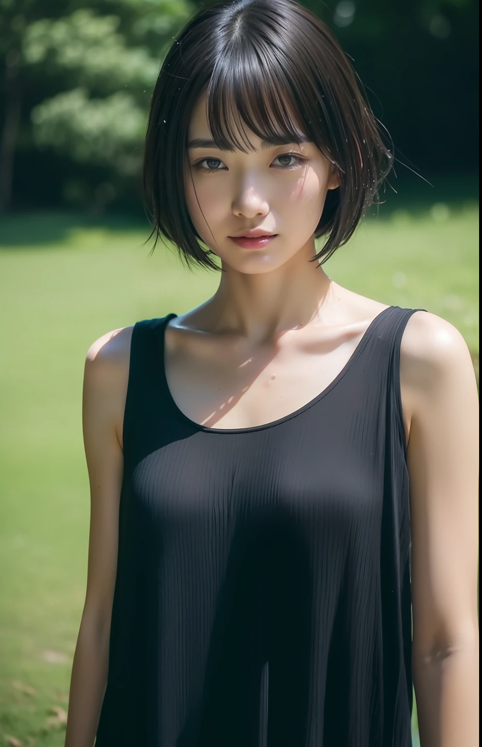 Beautiful Japan woman in short cut,Wet and see-through clothes,Photorealsitic, highcontrast, 8K HD, detaileds, realistic skin textures, top-quality, 超A high resolution, Raw photo, summer day,(8K, RAW Photos, Top image quality, masterpiece), Real Photoreal, Very meticulously,Photorealsitic,