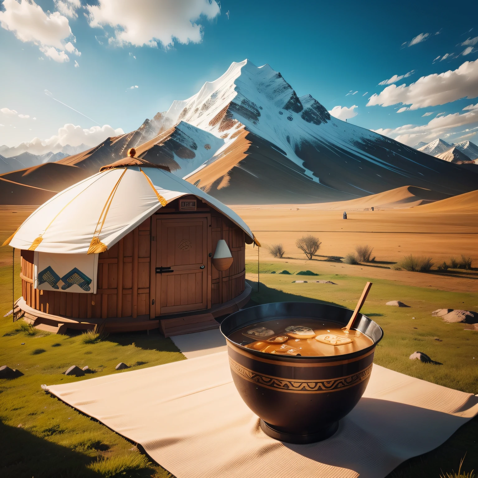 Mongolian milk tea is placed in front of the yurt，Rolling steppe in the distance，Food advertising，Mongolian style，grass field，Beautiful landscape，ultraclear