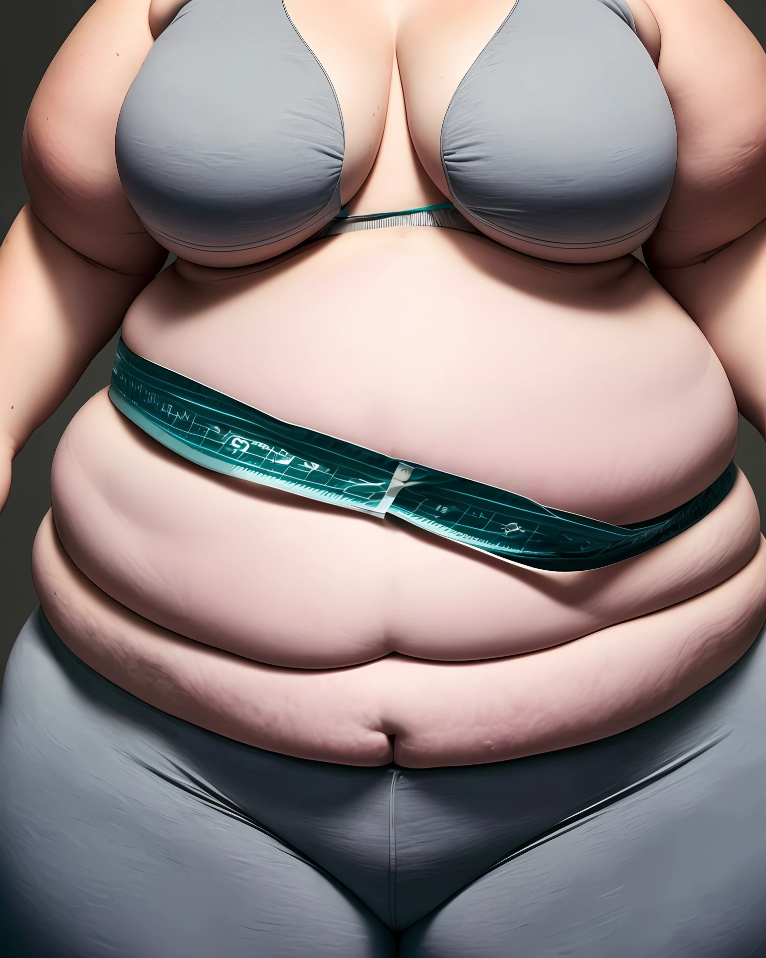 Creative photo of obese woman happy to lose fat in abdomen