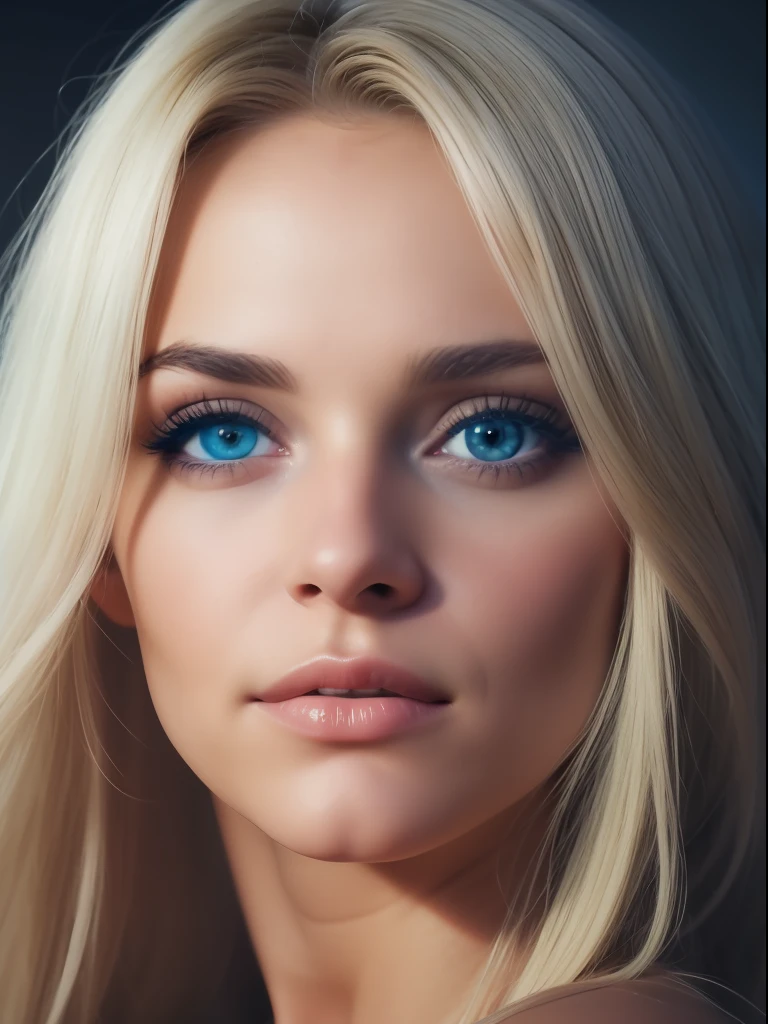 A photorealistic portrait of a insanel beautiful lightly tanned American woman with light make-up, extremely detailed light blue eyes, sexy woman, detailed symmetric realistic face, full lips, extremely detailed natural texture, peach fuzz, long blonde windy hair, masterpiece, absurdres, award winning photo by Francesco Scavullo, nikon d850 film stock photograph, kodak portra 400 camera f1.6 lens, extremely detailed, amazing, fine detail, rich colors, hyper realistic lifelike texture, dramatic lighting, unrealengine, trending on artstation, cinestill 800 tungsten, looking at the viewer, photo realistic, RAW photo, TanvirTamim, high quality, highres, sharp focus, extremely detailed, cinematic lighting, 8k uhd