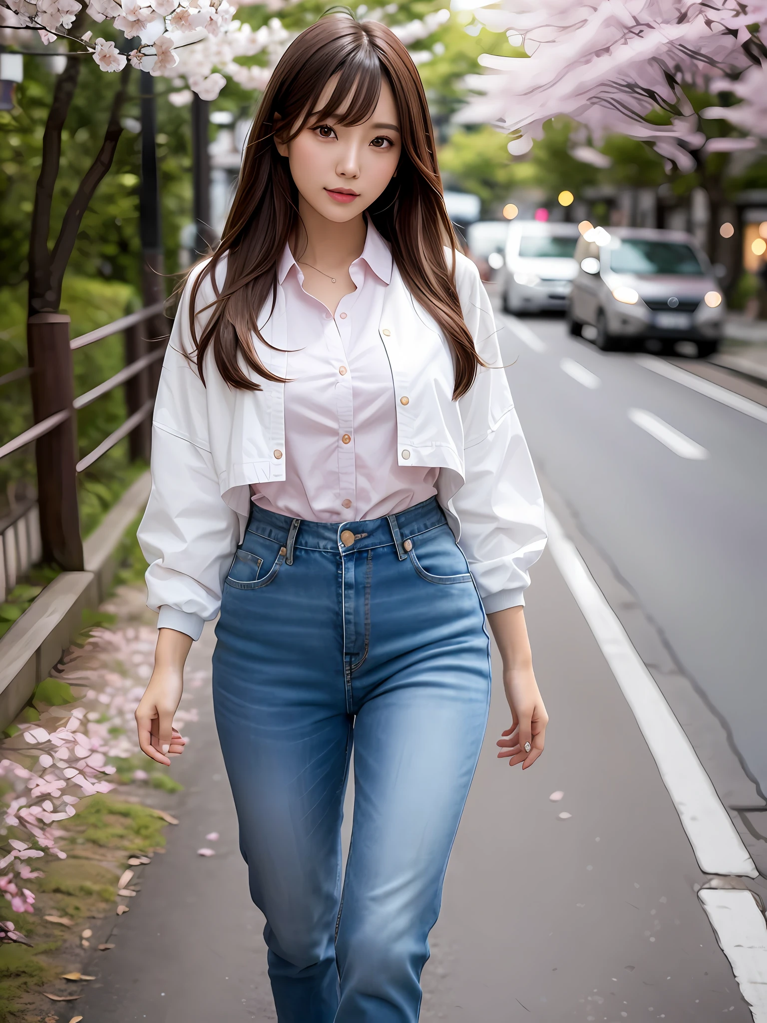 mastepiece, 1 girl per 1 photo, full body shot, an angle of looking subject up from below, front view, a Japanese young pretty girl, long bob hair, walking on cherry blossom tree-lined avenue in Japan, a big smile, wearing a white down nylon jacket over a light pink shirt with collared, wearing denim pants, hyper cute face, glossy lips, double eyelids for both eyes, natural makeup, shiny smooth light brown hair of long bob hair, asymmetrical bangs, tanned skin, central image, 8K resolution, high detail, detailed hairstyle, detailed face, cinematic lighting, octane rendering, hyper realistic, perfect limbs, perfect anatomy