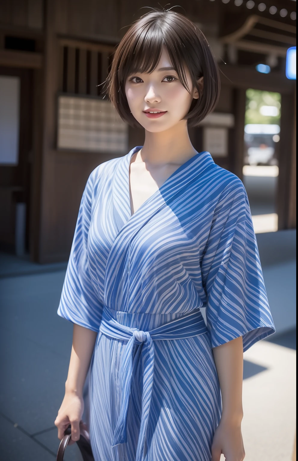 Cute Japan woman in short cut wearing yukata at summer festival,Photorealsitic, highcontrast, 8K HD, detaileds, realistic skin textures, top-quality, 超A high resolution, Raw photo, Dramatic Lighting, unrealengine, Short-cut hairstyles,Beautiful girl model,detaile, hyperdetails, realistic skin textures,Very meticulously