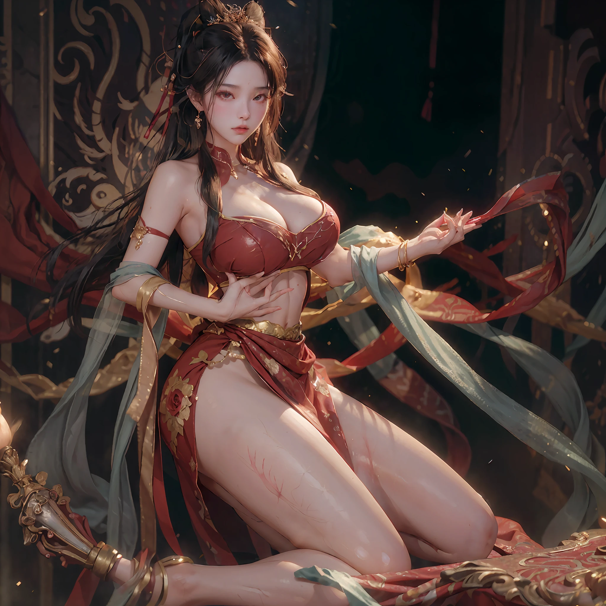 (8K, RAW photo, High sensitivity, Best quality, Masterpiece, 超高分辨率, Photorealistic:1.25),Overflowing breasts ,Cityscape ,Professional lighting, photon maping, Radio City, Joel Brier, 1girll, back lit lighting, Bare shoulders, Black dress, Black gloves, Long black hair, Large breasts, Closed mouth, Cowboy shot,Leather dress, Earrings, Expressionless, Fingerless gloves, Floating hair, Estampados florales, flower, mitts, Gold earrings, golden hairband, hair flower, hair adornments, shairband, Holding, holding weapon, jewelry, Large breasts, Light particles, Long hair, view the viewer, off the shoulder dress, cropped shoulders, petals, Red eyes, Rose, rose petals, Rose printing, bobbed long hair, side locks, Solo, Spikes, Thighs, two-sided dress, two-sided fabric, arma ,gigantic hip, Three girls,(Mesh strapless dress),Masterpiece:1.2, Best quality, Realistic, (Real picture, Intricate details, Depth of field), (1girll, Solo), make up, parted lip, highly detailed, Perfect face, (Huge breasts:1.8), (skin indentation), Thick thighs, Wide hips, Small waist, Tall, glossy coral lips, Black hair, Red eyes, pony tails, Three girls, white clothes), (full of sweat:1.2), (Wet), Sexy, Blushing, (gigantic cleavage breasts:1.4),see-through shirts:1.2),(open shirts)gorgeous chinese models, Sexy girl, Beautiful Asian girl masterpiece: 1.2, Best quality), Realistic, (Real picture, rich detail details, depth of fields), (1girll, Solo), ssmile,Exquisite facial features,s the perfect face,Makeup, High detail, Perfect face shape, (Big breasts: 1.4), (skin indentation ), thick thight, Wide hips, Big breasts Thin waist, Tall guy, coral, Redlip, red - eyed, horse tailed, (sweat leggs: 1.2), (dampness), Raised sexy, Be red in the face,Sweaty,(Huge breasts:1.4),Open chest,Deep V top,offcial art,Unity 8k壁纸,ultra - detailed,aestheticly pleasing,big breasts beautiful,tmasterpiece,best qualtiy, darkly, atmospurate, mistic, romanticism lain, spine-chilling, Literary, Artistically, Fashionab, victorian a --auto