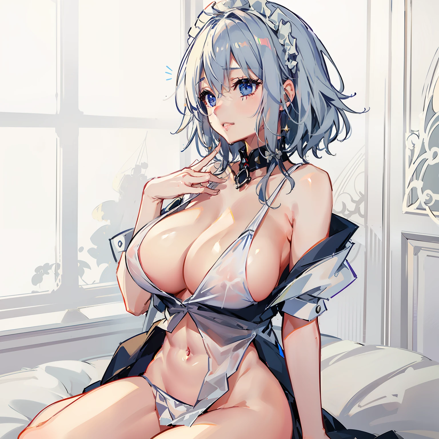 on the beds、Maids、maid clothes、ripped clothing、Wet、Show cleavage、perspiring、Sheer、Wet、red blush、A smile、1 girl in、1girl in、Sixteen Nights、silber hair、short-hair、Happiness、(Hi-Res), (absurderes), (top-quality), (hightquality), (masterpiece),be shy、Hair above one eye, (large full breasts), white thighhig, Wet,perspiring,Embarrassing,8K,high-level image quality,Show cleavage,Cinematographic lighting,Beautiful fingers,Well-formed fingers,High Details,Sony FE GM,kawaii,,droolng,Navel out、perspiring、Wet、爆乳、de pele branca、Bright hair、with blush cheeks、Crystal clear white skin、Shining eyes、colored contact lenses、anime styled、motion line、Sparkling eyes、Super burst chest、Milk that seems to burst、taut breasts、huge-breasted、Drooping sweat、shinny hair、After the Zuri、Too big milk、Starry eyes、droolng、droolng、perspiring、the kiss、Kiss Face、imminent kiss、icoming kiss