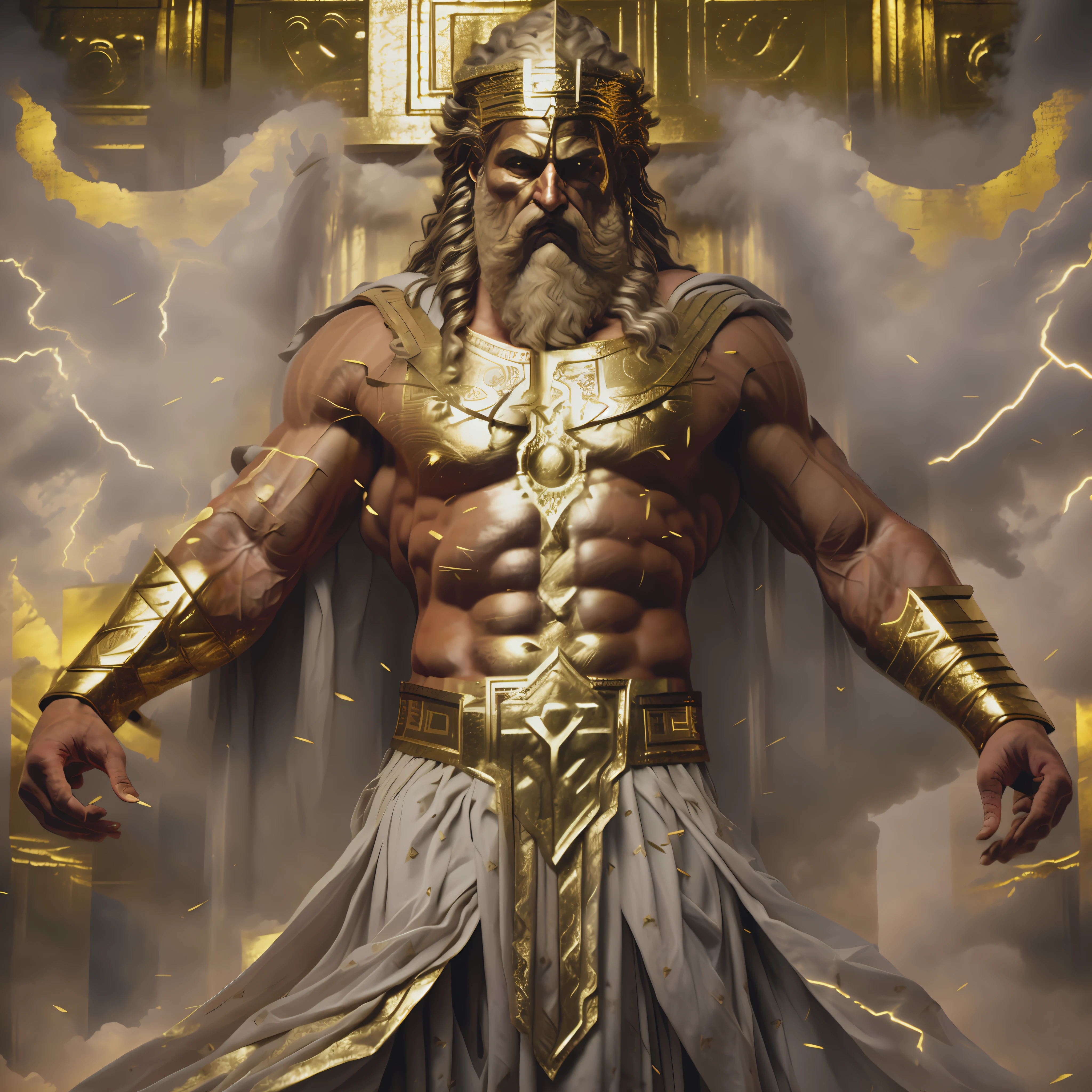 um close up de um homem com barba e uma roupa dourada, Furioso Deus Zeus, Retrato do Imperador da Humanidade, O Deus Imperador da Humanidade, deus antigo, O Deus Zeus, Um enorme deus gigante celestial, Retrato do deus grego Ares, arte conceitual de deus, Retrato Zeus, Zeus, legendary god holding spear, Gilgamesh, deus imperador, storm egyptian god