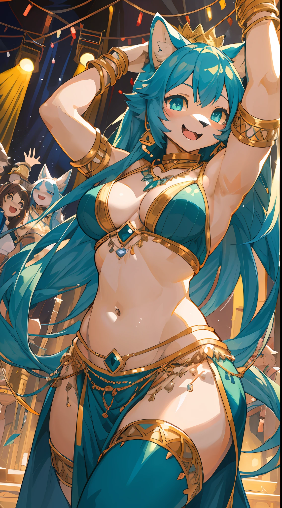 top quality, best quality, High-quality illustrations, masterpiece, super high resolution, detailed background, detailed background, Belly dancer, Raqs Sharqi, stage, Spotlight, group shot:0.5, 6+boys, 6+girls, Happy, joyful, absurdres(highly detailed beautiful face and eyes)perfect anatomy(kemono, furry anthro),