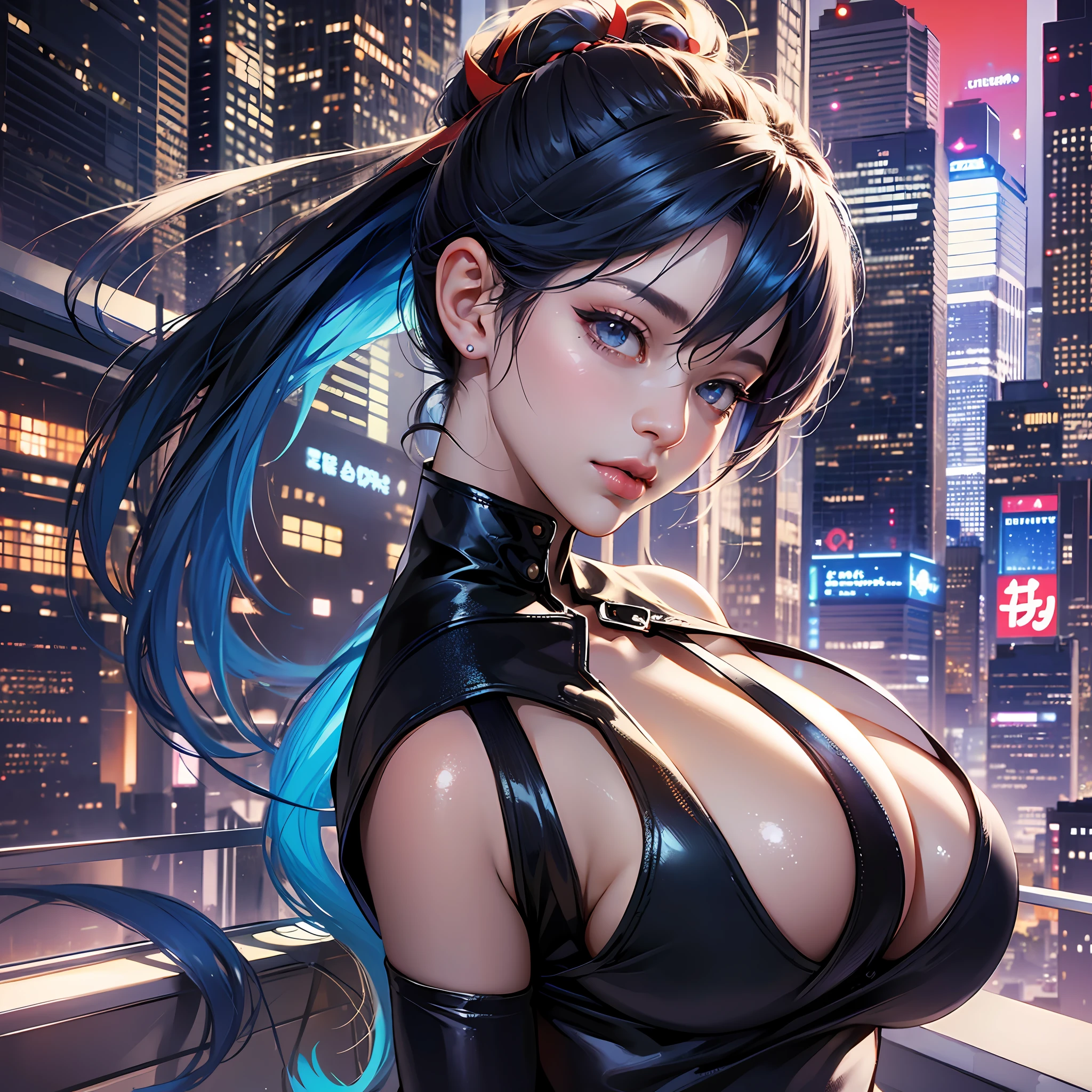 8K、top-quality、An ultra-high picture quality、ultra-detailliert、Ultra-realistic flesh feeling、full bodyesbian、A sexy、Kunoichi、ripped clothing、Looking at the camera、Beautuful Women、Long blue hair ponytail、shinny skin、Very gigantic-breasts、ample breasts、Breasts that are about to spill、extremely big ass、shinny skin 、The background is a cyberpunk night cityscape --auto --s2
