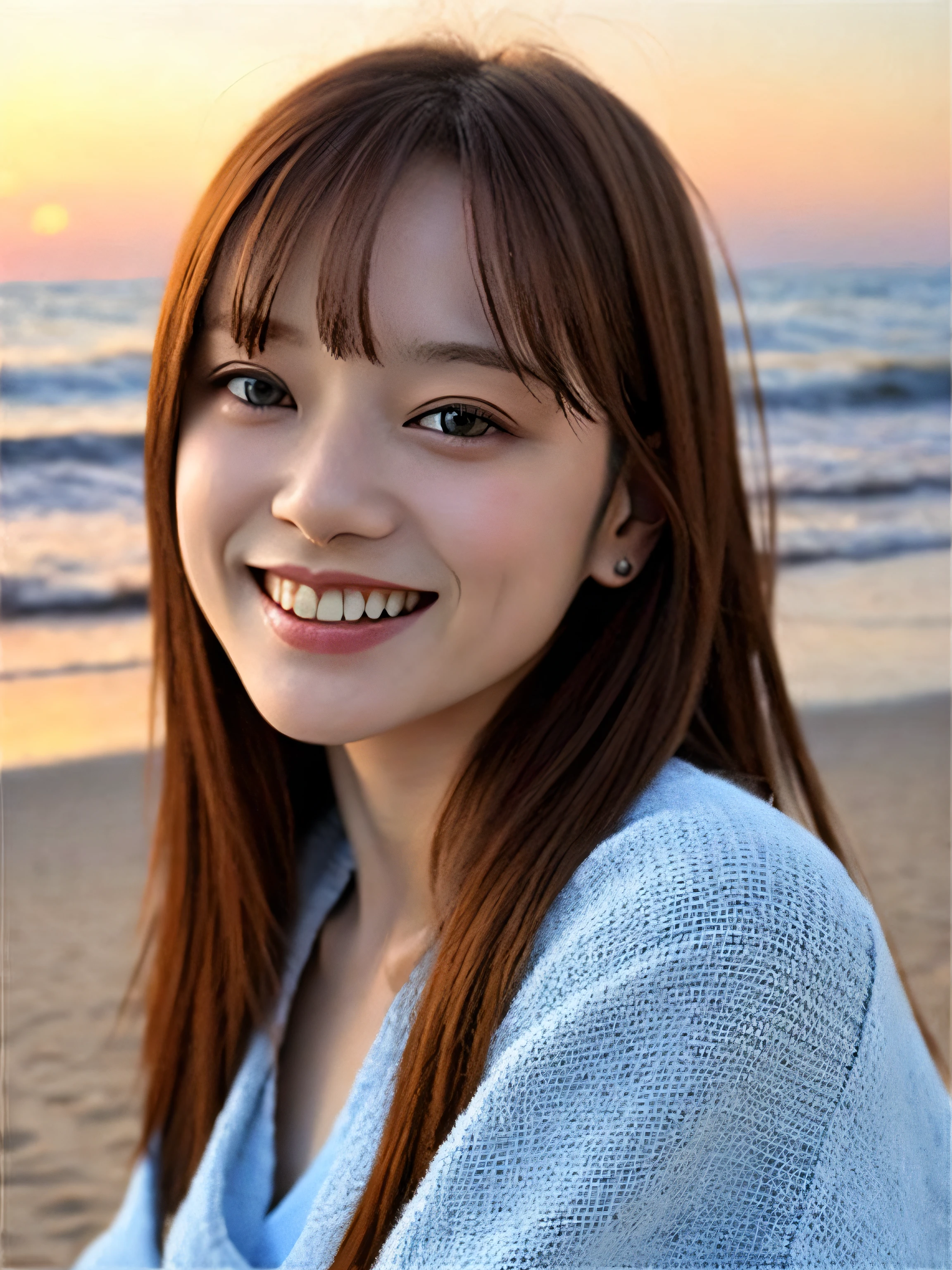 (top-quality、tmasterpiece:1.2)、ultra - detailed、(photographrealistic:1.4)、独奏、Cute little girl s、light  smile、onepiece、beachside_Background、huge tit， 40 years old, perfect  eyes, Perfect iris，perfect lips，perfect teeth，Perfect skin，Soft front light，with light glowing，HDR，（pastel colour：1.2）