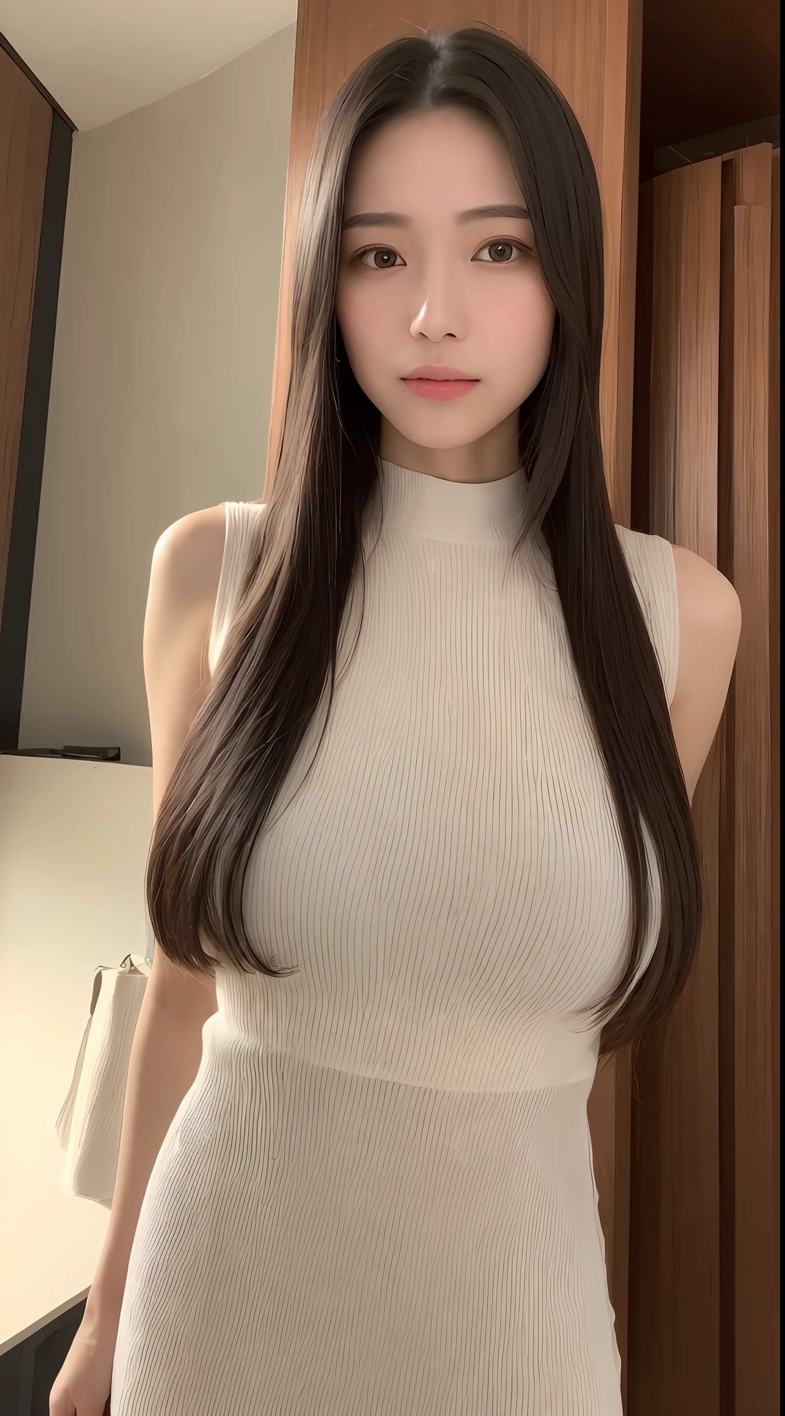 ((Best Picture Quality, 8k, tmasterpiece:1.3)), 1girl, Beautiful woman with slender abs:1.3, (Long straight hair, huge tit:1.2), shift dresses:1.1, Ultra-fine face, A detailed eye, 二重まぶた,Home