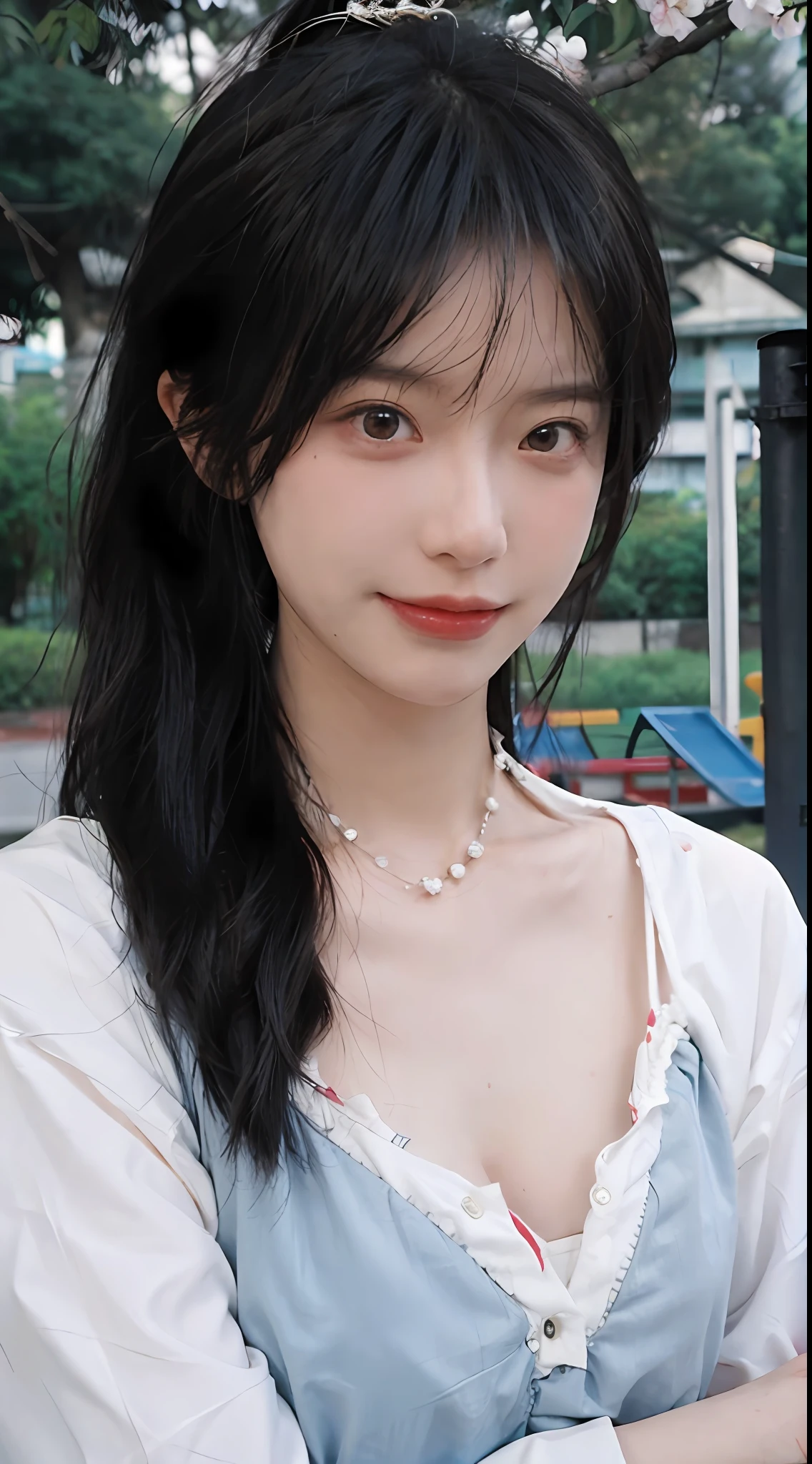 best qualtiy， 超高分辨率， （realisticlying：1.4）， Baoyu Girl， High ponytail，A pair of clear and moving peach blossom eyes,Royal Sister，校服，sunshine on face，Scroll，（School playground：1.4），（choker necklace：1.2），（Fair skin：1.9），（full bodyesbian：1.2）a sense of atmosphere，a beauty girl， ssmile，head straight-looking at viewer， closeup cleavage ，(Photorealistic:1.4),1girll,Sexy,(Upper body:1.4),(Wet body),(:1.2)