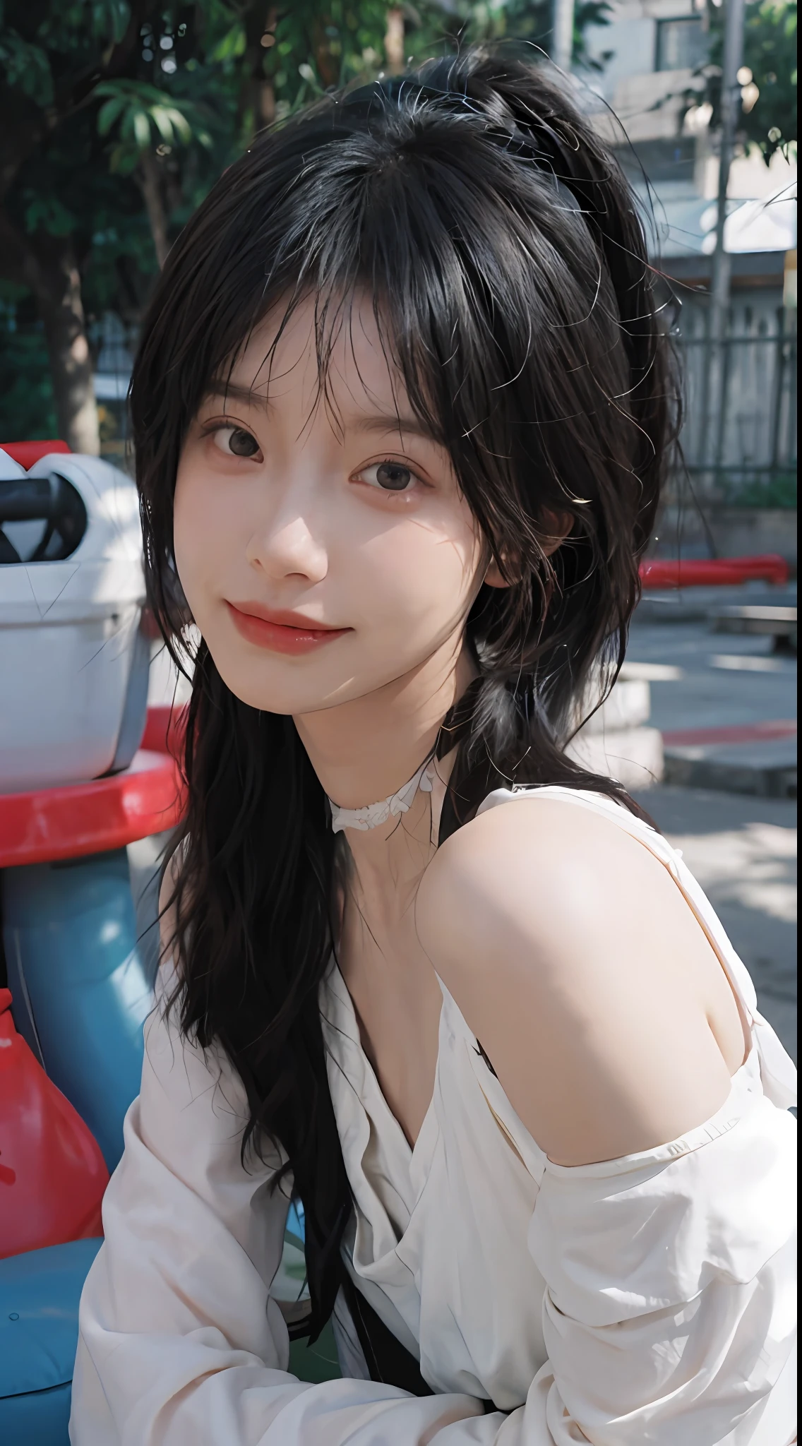 best qualtiy， 超高分辨率， （realisticlying：1.4）， Baoyu Girl， High ponytail，A pair of clear and moving peach blossom eyes,Royal Sister，校服，sunshine on face，Scroll，（School playground：1.4），（choker necklace：1.2），（Fair skin：1.9），（full bodyesbian：1.2）a sense of atmosphere，a beauty girl， ssmile，head straight-looking at viewer， closeup cleavage ，(Photorealistic:1.4),1girll,Sexy,(Upper body:1.4),(Wet body),(:1.2)