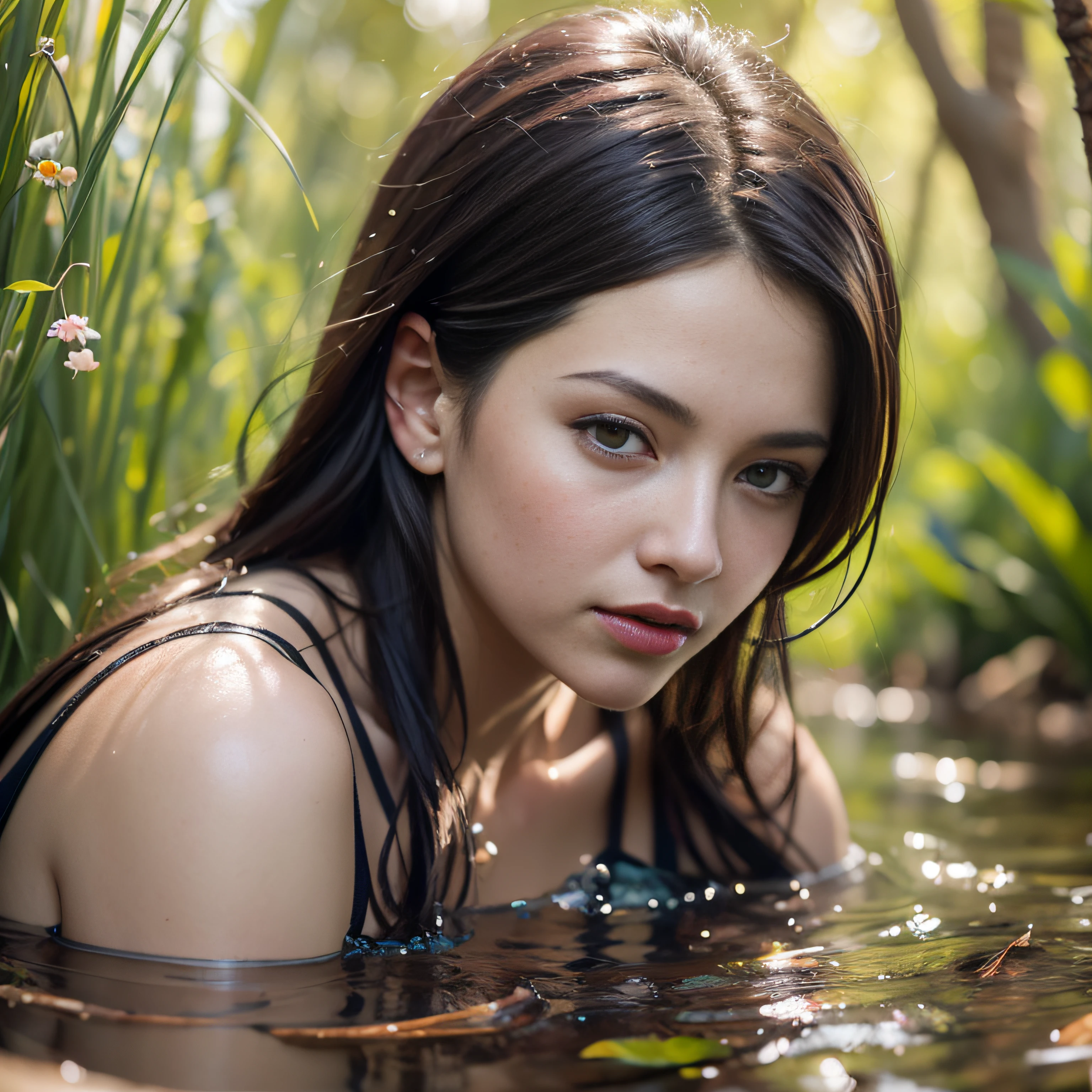 close up portrait of a cute woman (gldot) bathing in a river, reeds, (backlighting), realistic, masterpiece, highest quality, lens flare, shade, bloom, [[chromatic aberration]], by Jeremy Lipking, by Antonio J. Manzanedo, digital painting,