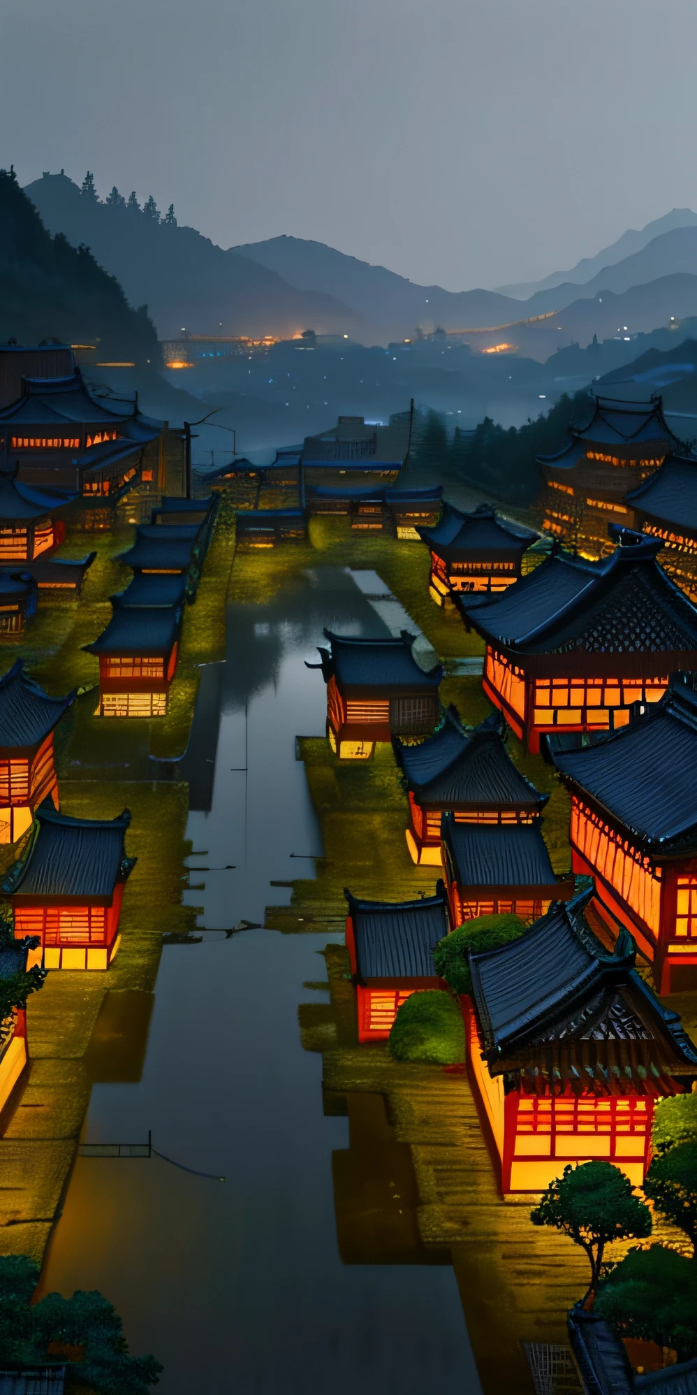 arafed view of a village with a lot of lights on the buildings, dreamy chinese town, chinese village, amazing wallpaper, japanese town, japanese village, hyper realistic photo of a town, old asian village, japanese city, by Raymond Han, rainy evening, cyberpunk chinese ancient castle, beautifully lit buildings, at evening during rain, beautiful and aesthetic, photography, cinematic, 8k, high detailed ((Heavy rain)))