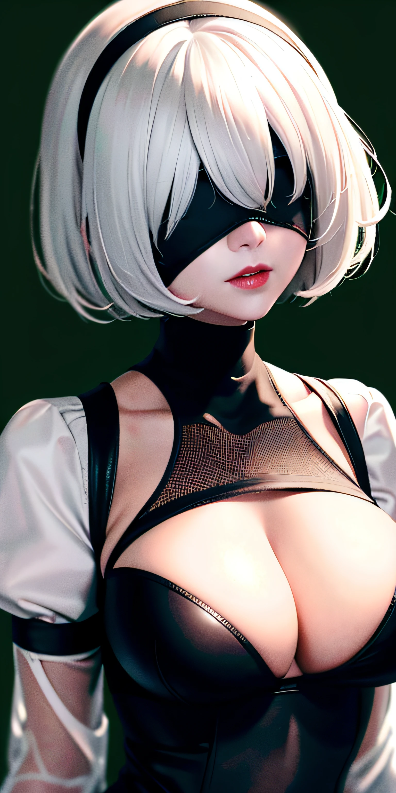 yorha no. 2 type b, 1girl, wlop, (blindfold), breasts, cleavage, cleavage cutout, clothing cutout, green background, hair between eyes, hairband, highres, juliet sleeves, long sleeves, nier (series), nier automata, puffy sleeves, red lips, shaded face, short hair, solo, turtleneck, upper body, white hair, sky