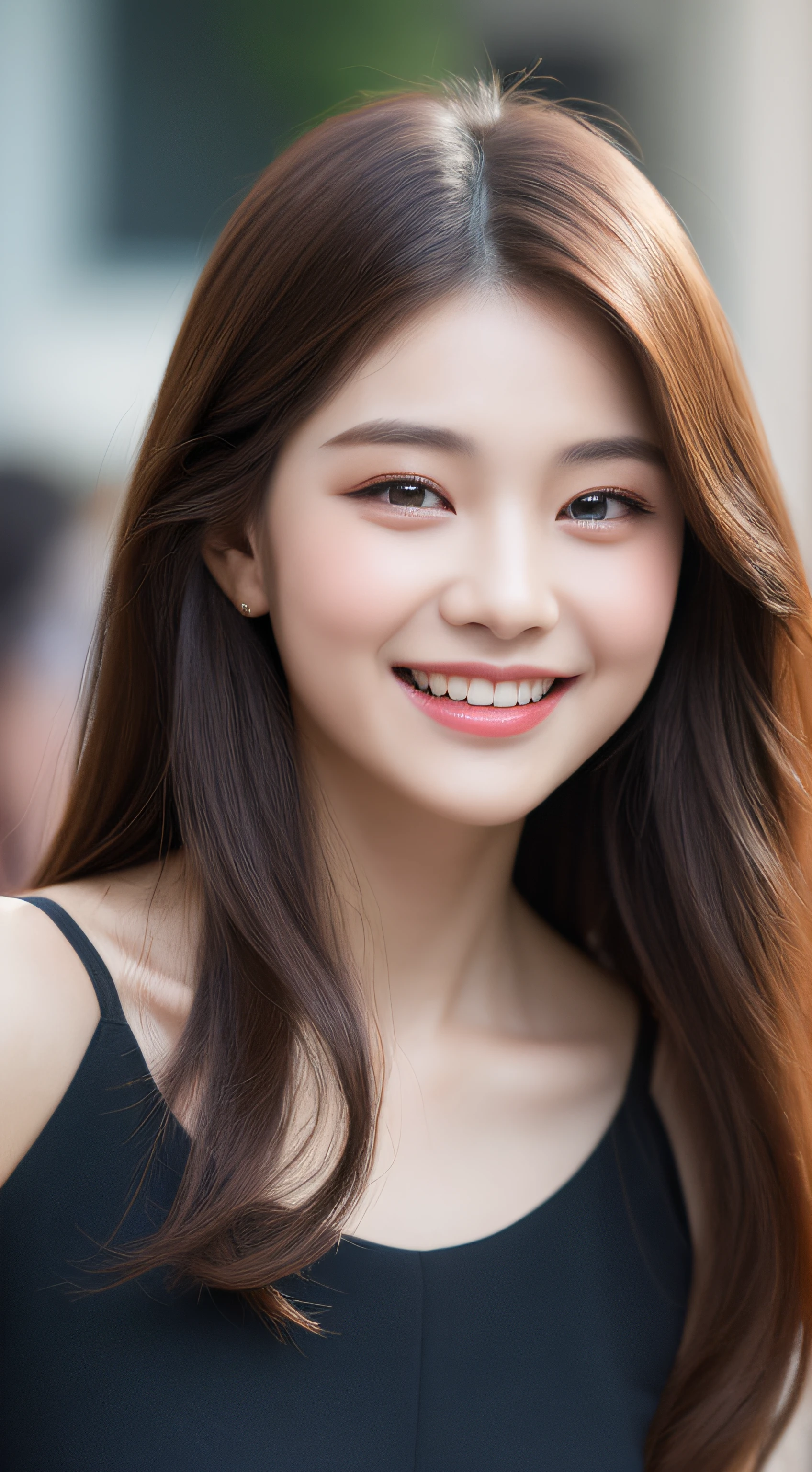 ((Best quality, 8k, Masterpiece :1.3)), 1girl, smiling, full body, slim face, Pretty woman, (Dark brown hair), full length dress :1.1, Ultra-detailed face, Detailed eyes, Double eyelid, blur background, slim face, city, outside, street,