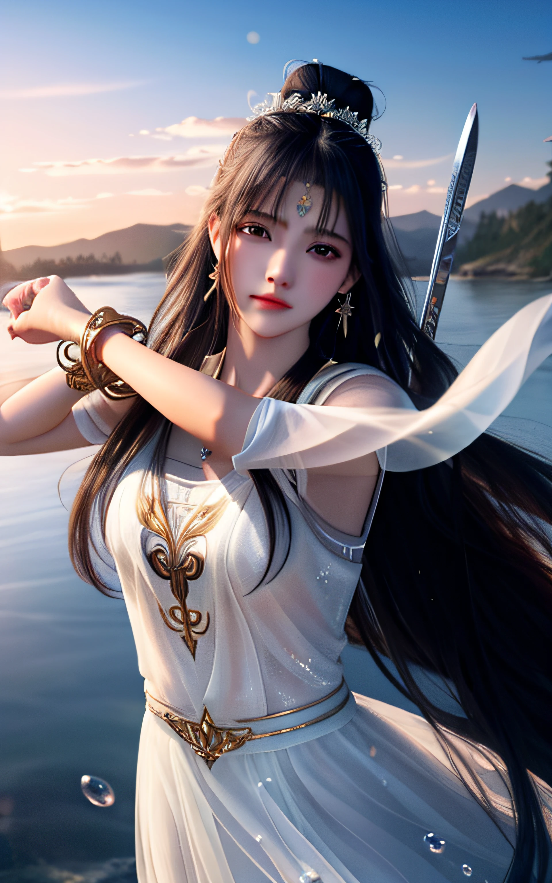 best quality,masterpiece,highres,cg,
1girl,weapon,sword,long hair,dress,water,solo,jewelry,white dress,earrings,hair ornament,splashing,upper body,hair bun,black hair,
lighting,candid,Photograph,high resolution,4k,8k,Bokeh,