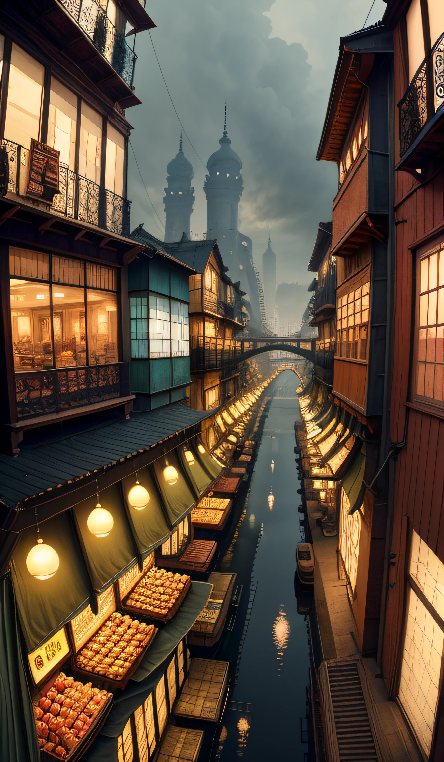 urban center,15th floor,Industrial age city,architectural streets,bazaars,Bridges,rainy sky,steampunc,European-style architecture