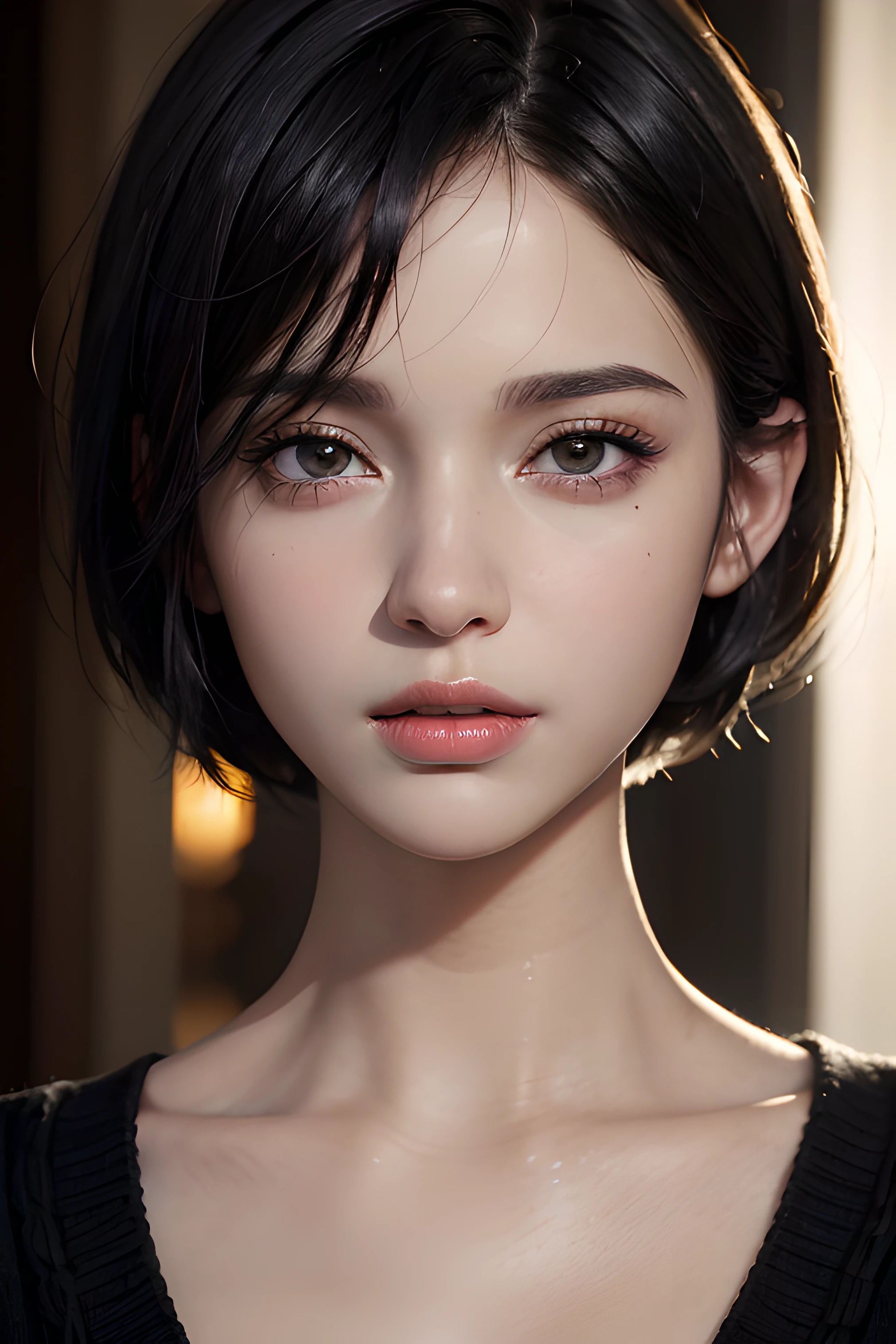 (masterpiece:1.3), (8k, photorealistic, RAW photo, best quality: 1.4), (1girl), beautiful face, (realistic face), (black hair, short hair:1.3), beautiful hairstyle, realistic eyes, beautiful detailed eyes, (realistic skin), beautiful skin, (sweater), absurdres, attractive, ultra high res, ultra realistic, highly detailed, golden ratio
