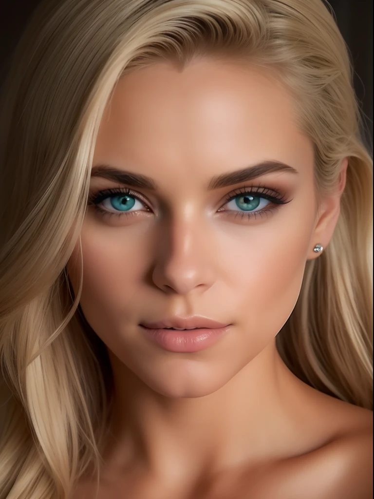 A photorealistic portrait of a insanely beautiful lightly tanned American woman with light make-up, extremely detailed light hazel eyes, sexy woman, detailed symmetric realistic face, full lips, extremely detailed natural texture, peach fuzz, long messy blonde windy hair, masterpiece, absurdres, award winning photo by Francesco Scavullo, nikon d850 film stock photograph, kodak portra 400 camera f1.6 lens, extremely detailed, amazing, fine detail, rich colors, hyper realistic lifelike texture, dramatic lighting, unrealengine, trending on artstation, cinestill 800 tungsten, looking at the viewer, photo realistic, RAW photo, TanvirTamim, high quality, highres, sharp focus, extremely detailed, cinematic lighting, 8k uhd