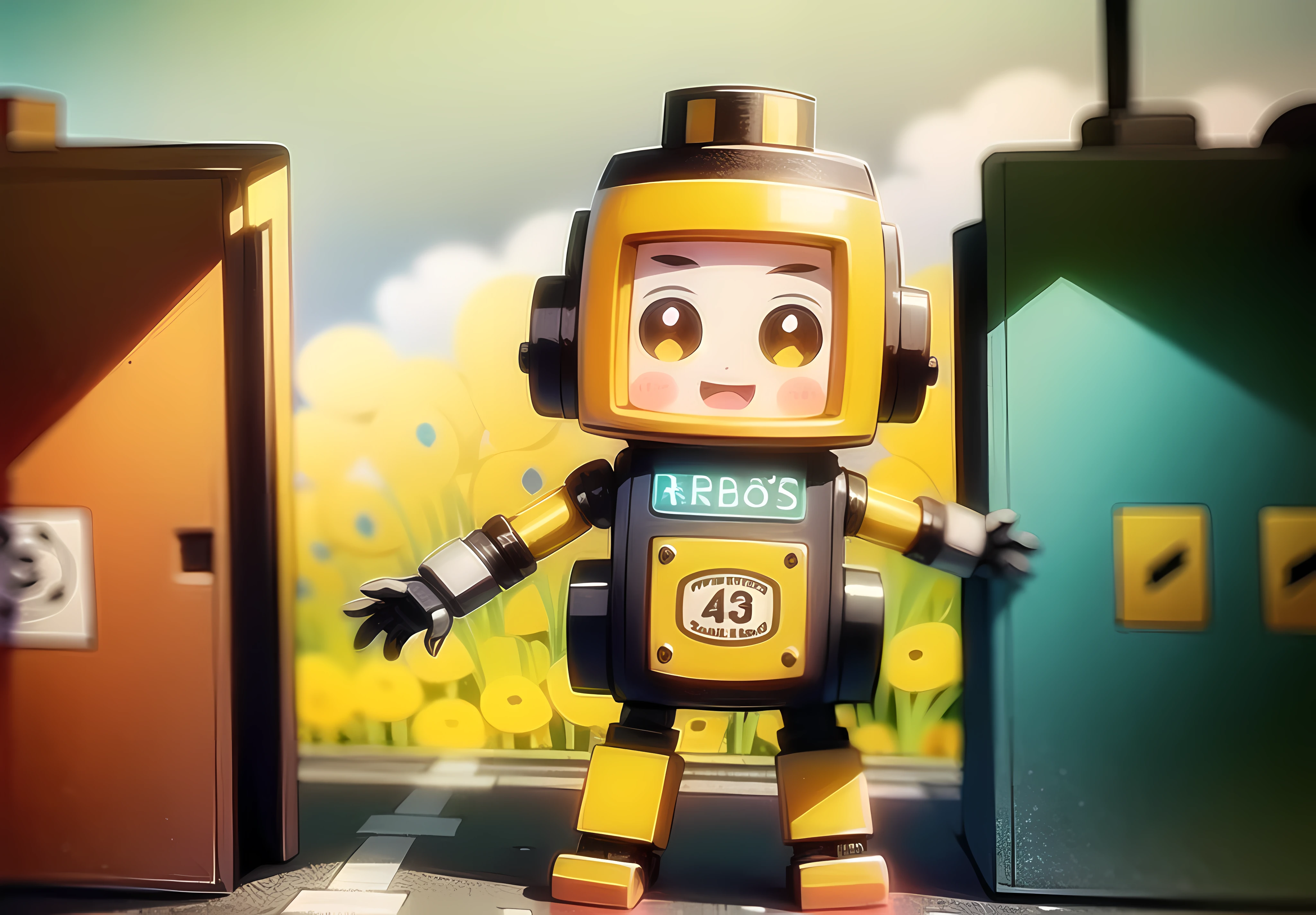 cartoon style, happy style, Suitable for five-year-olds, (robot's appearance is very cute:1.3), The robot looks like a traffic policeman, traffic light, (Simple design:1.1), (simple composition:1.1), white backgrounid, Road background, 2d, (best quality:1.4), high details
