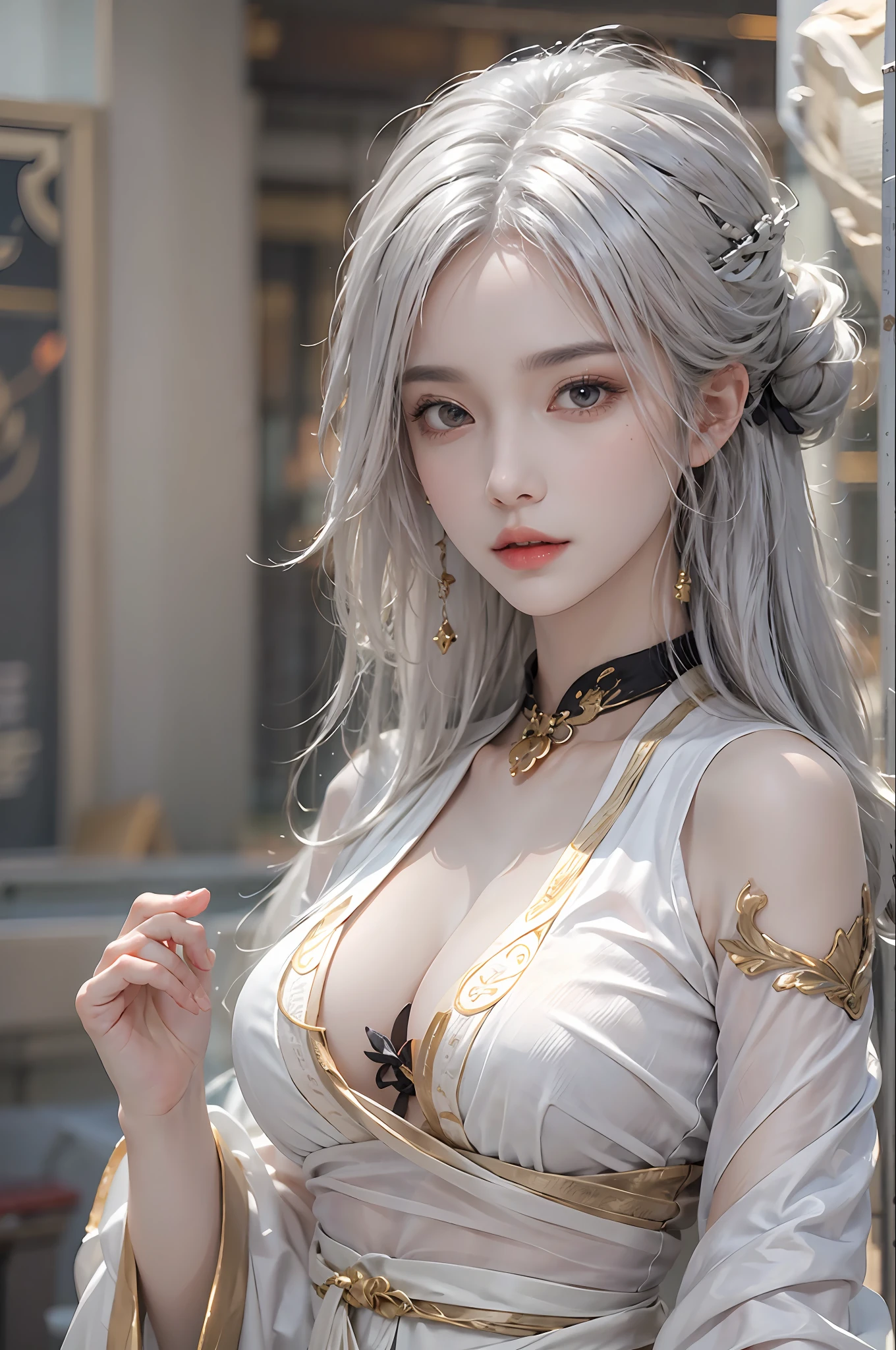 photorealistic, high resolution, 1women, solo, hips up, look at viewer, (detailed face), white hair, long hair, medium breasts, Taoist, elegant clothes