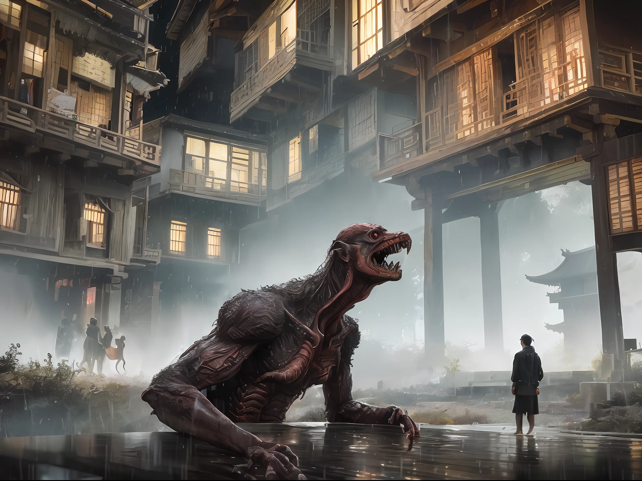 Photorealista, hightquality, masterpiece, Film composition, (Towns and monsters),Rough village with many lights on the buildings々Nice view, (grotesque monsters,There are monsters in town,Monsters are hiding),dreamy Chinese towns、Chinese Village、amazing wallpapers、Japan、Japan Village、Ultra-realistic town photos、Old Asian Village、japanese city,By Raymond Han、rainy evening、Cyberpunk Chinese castles、beautifully lit buildings、Evening in the rain、Beautifully Aesthetic、a picture、film like、8K、high detal ((Heavy rain)))