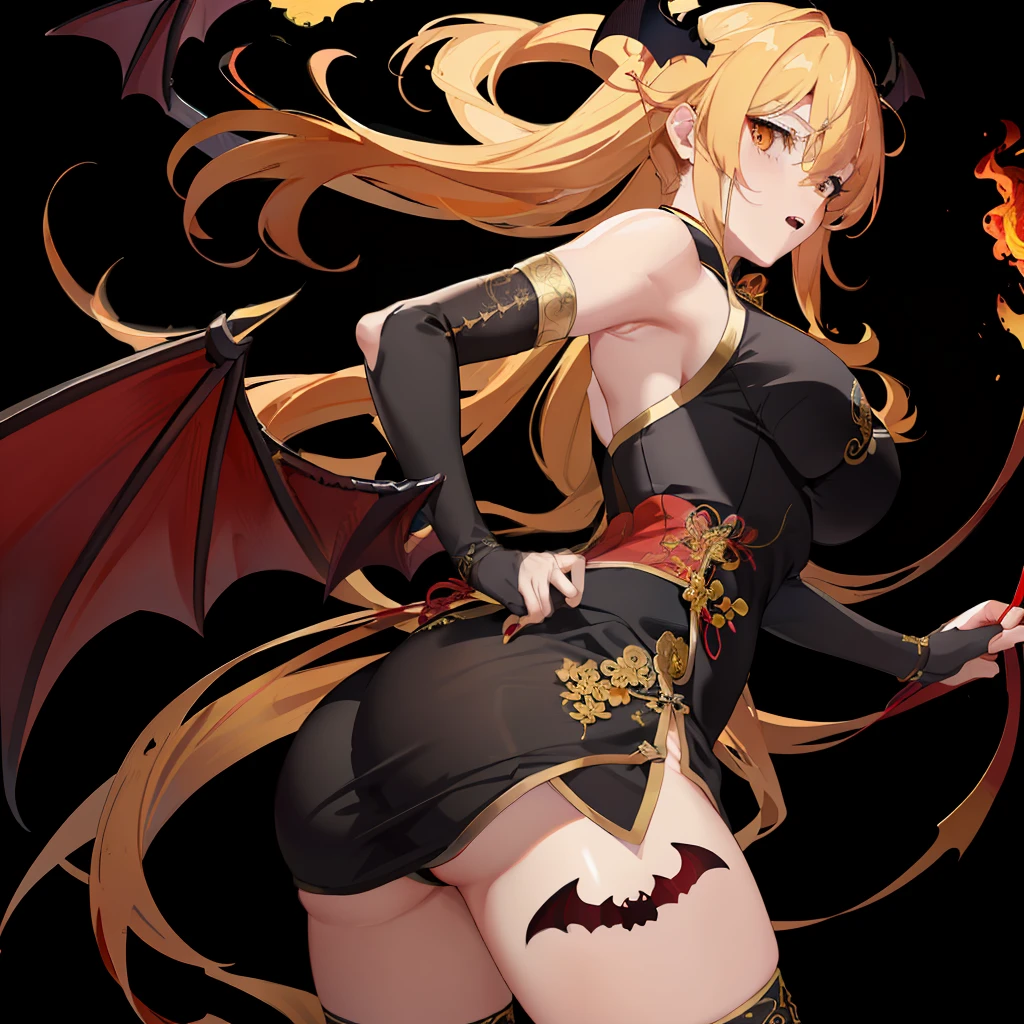 (Golden ratio:1.2),[(Black background:1.4)::10],(Masterpiece), (Best quality), (Ultra detailed),(Disheveled hair),(illustration),1girll,Solo,full bodyesbian,Huge breasts,(underbust:1.3),big assa,peach ass,(China Cheongsam:1.3)+(Red cheongsam:1.3)+(/Gold wire embroidery on the cheongsam:1.4)/, the fire queen, Beautiful and elegant devil,(//devil horns(The horns are black bat wings:1.4)//),hyper HD, retinas, Anatomically correct, Textured skin, Super detail, Best quality, A high resolution,（Very detailed CG unity 8K wallpaper)
